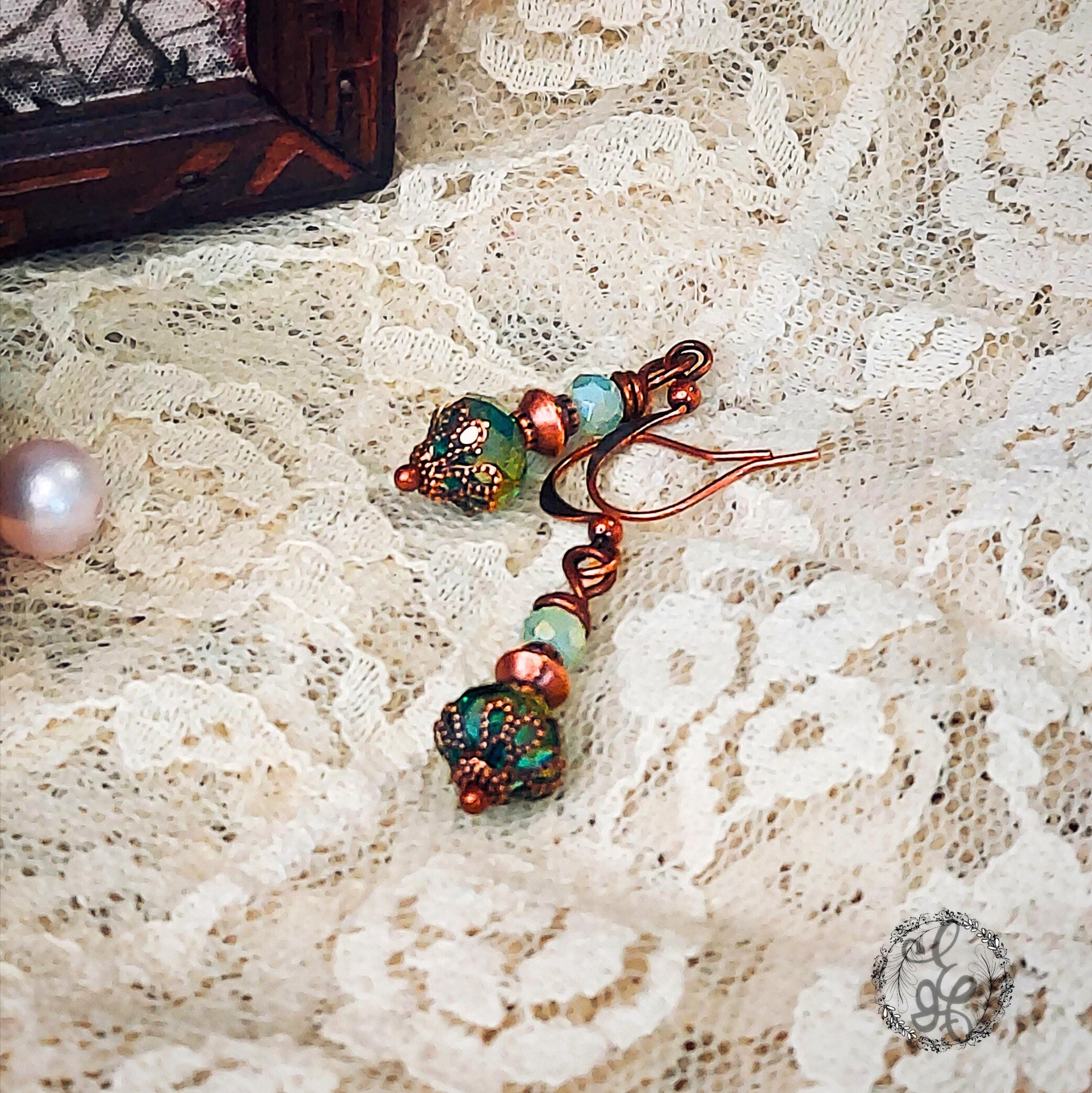 Victorian Inspired Peacock Blue Crystal Earrings | Antique Copper Filigree Dangles