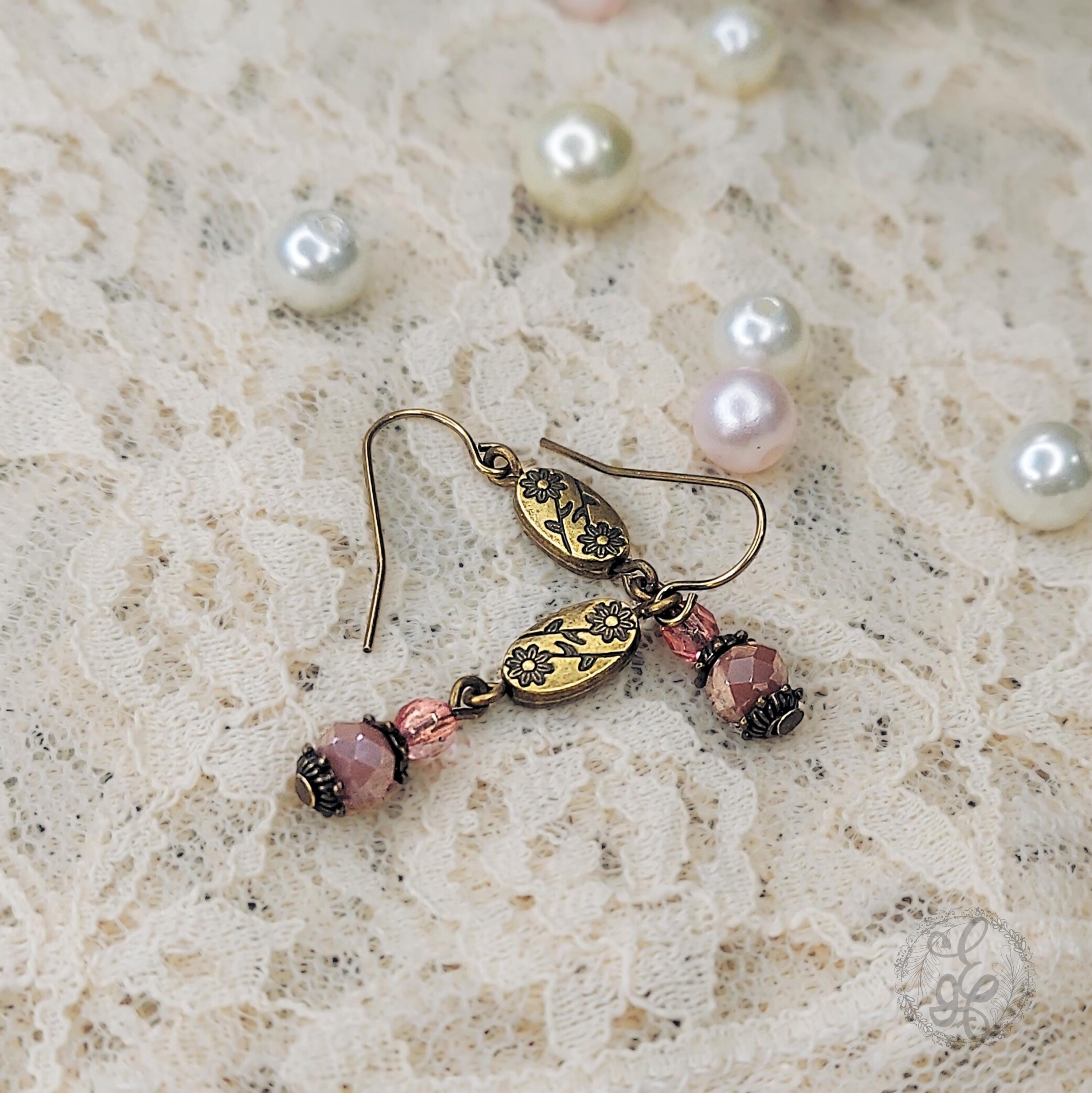 Vintage Floral Dangle Earrings – Dusty Rose & Bronze