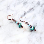 Victorian Inspired Peacock Blue Crystal Earrings | Antique Copper Filigree Dangles