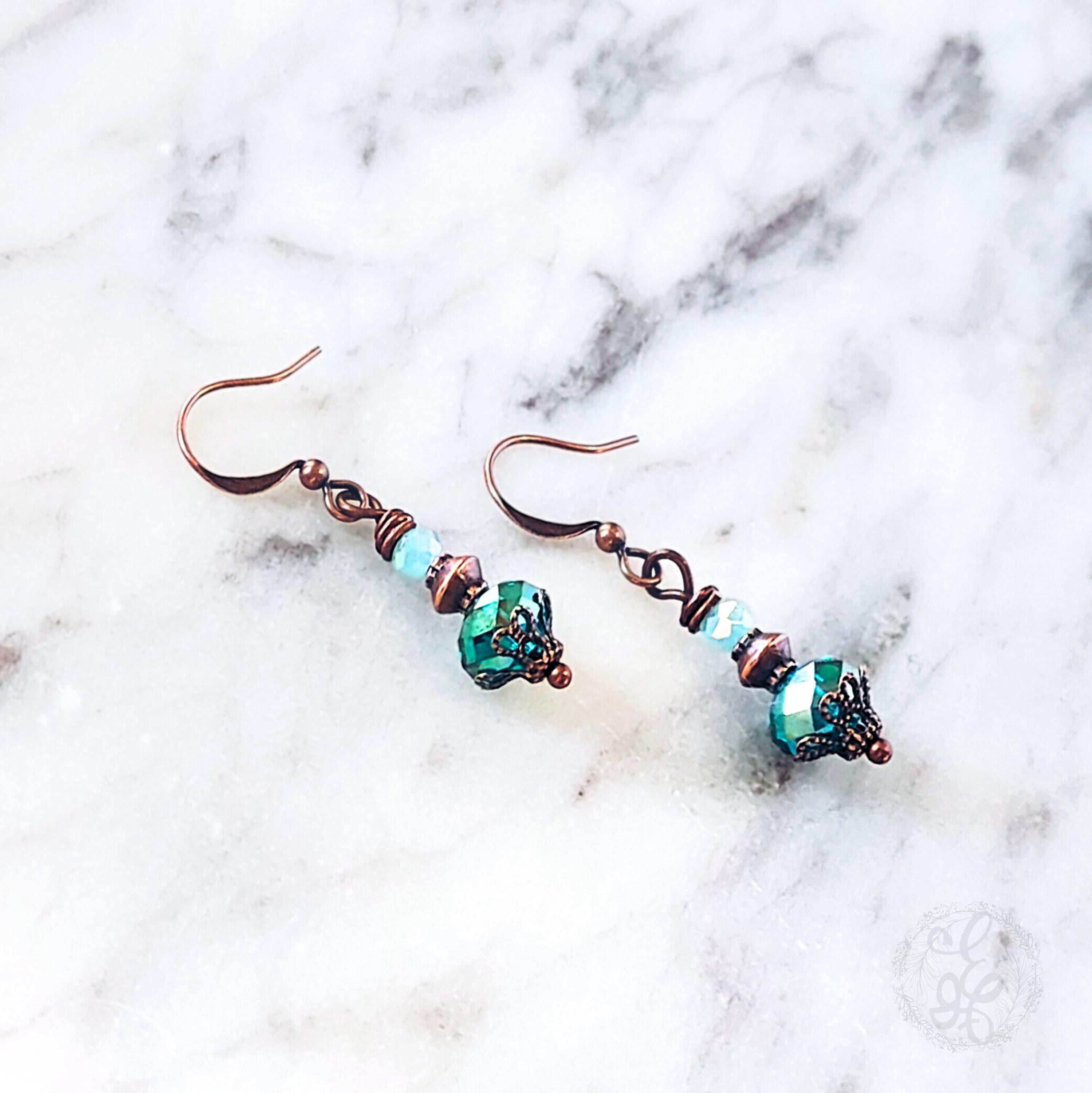 Victorian Inspired Peacock Blue Crystal Earrings | Antique Copper Filigree Dangles