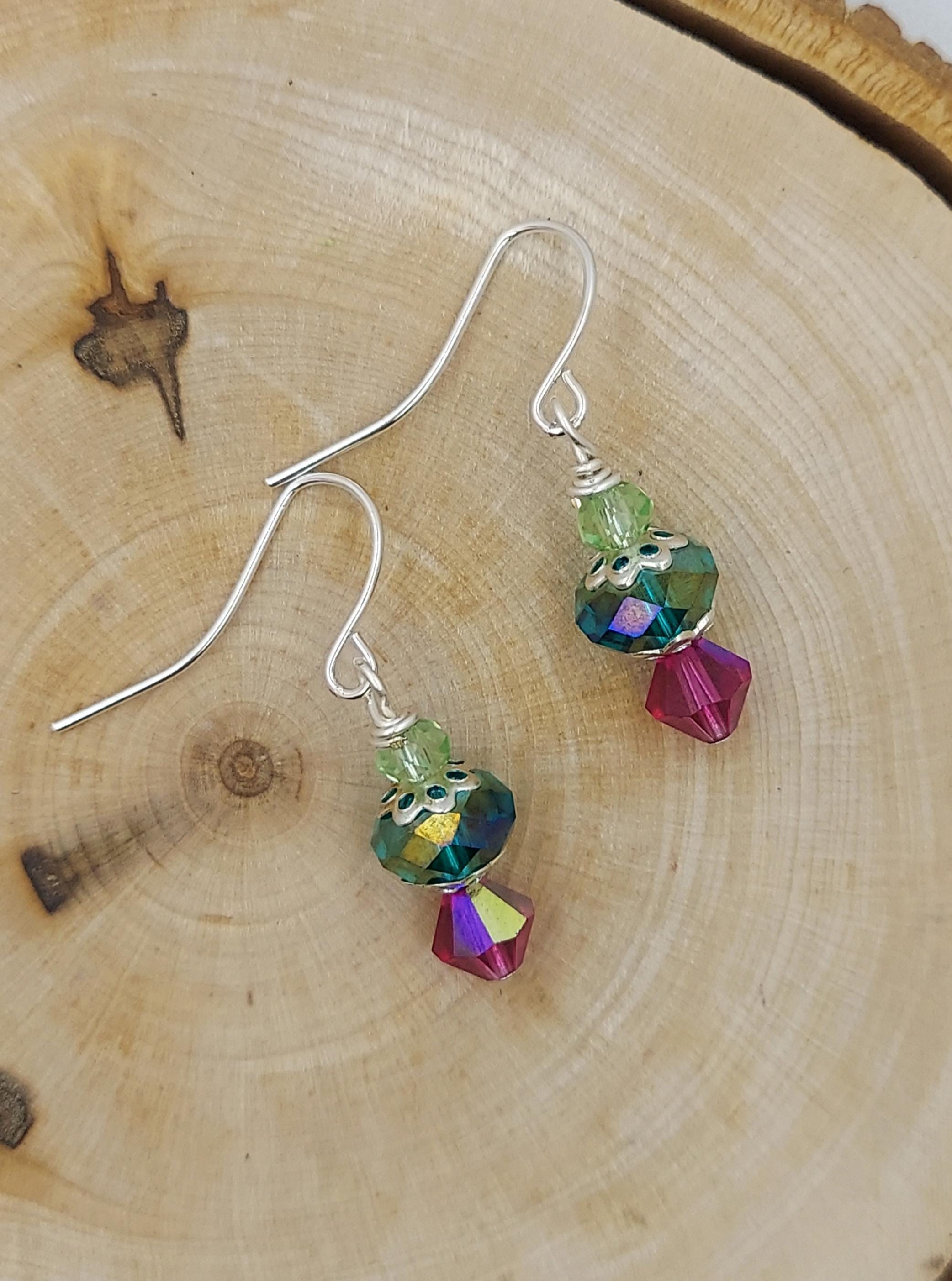 Peacock Blue and Magenta Pink Crystal Dangle Earrings Silver Drop Earrings Women's jewelry