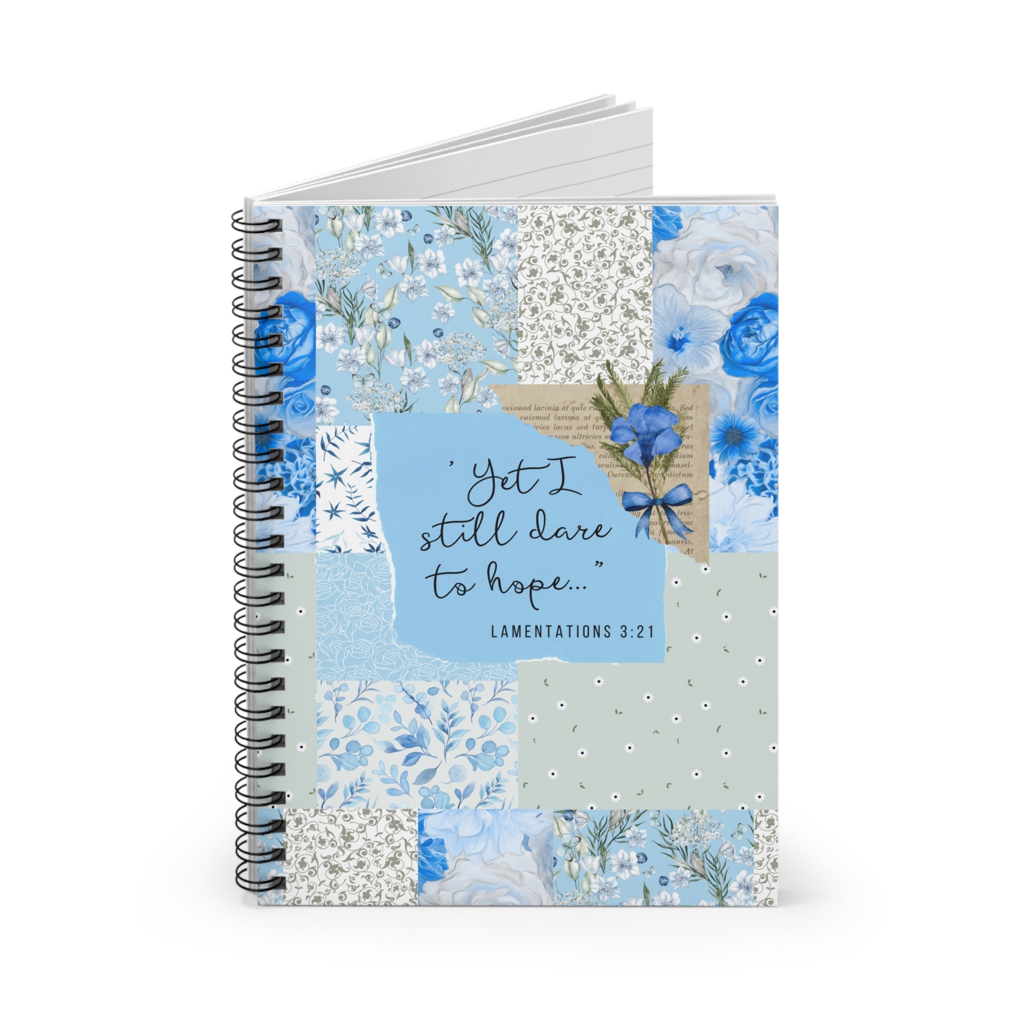 Blue Floral Patchwork Spiral Notebook — "Yet I Still Dare to Hope" (Lamentations 3:21)