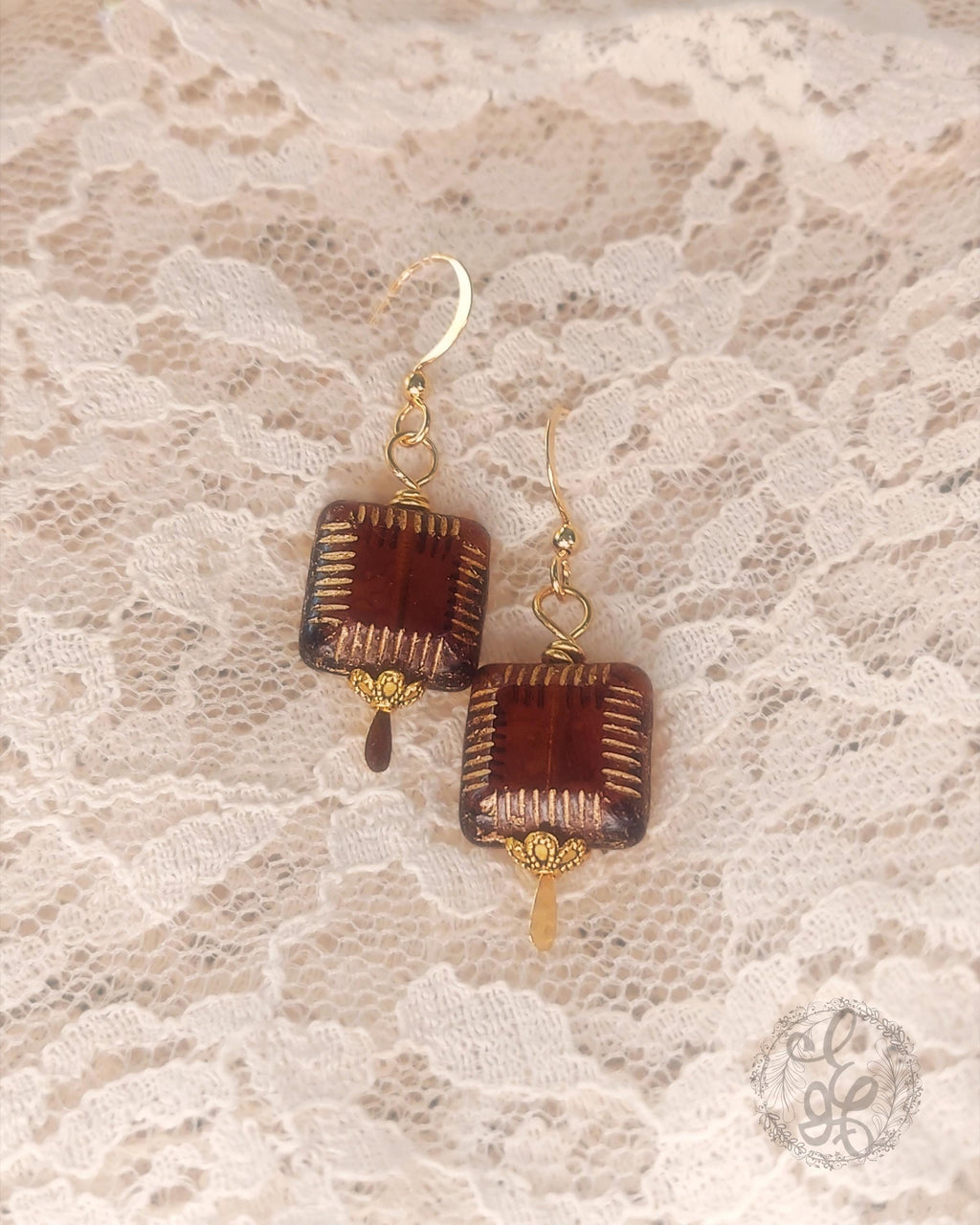 Brown Czech Glass Earrings in Gold