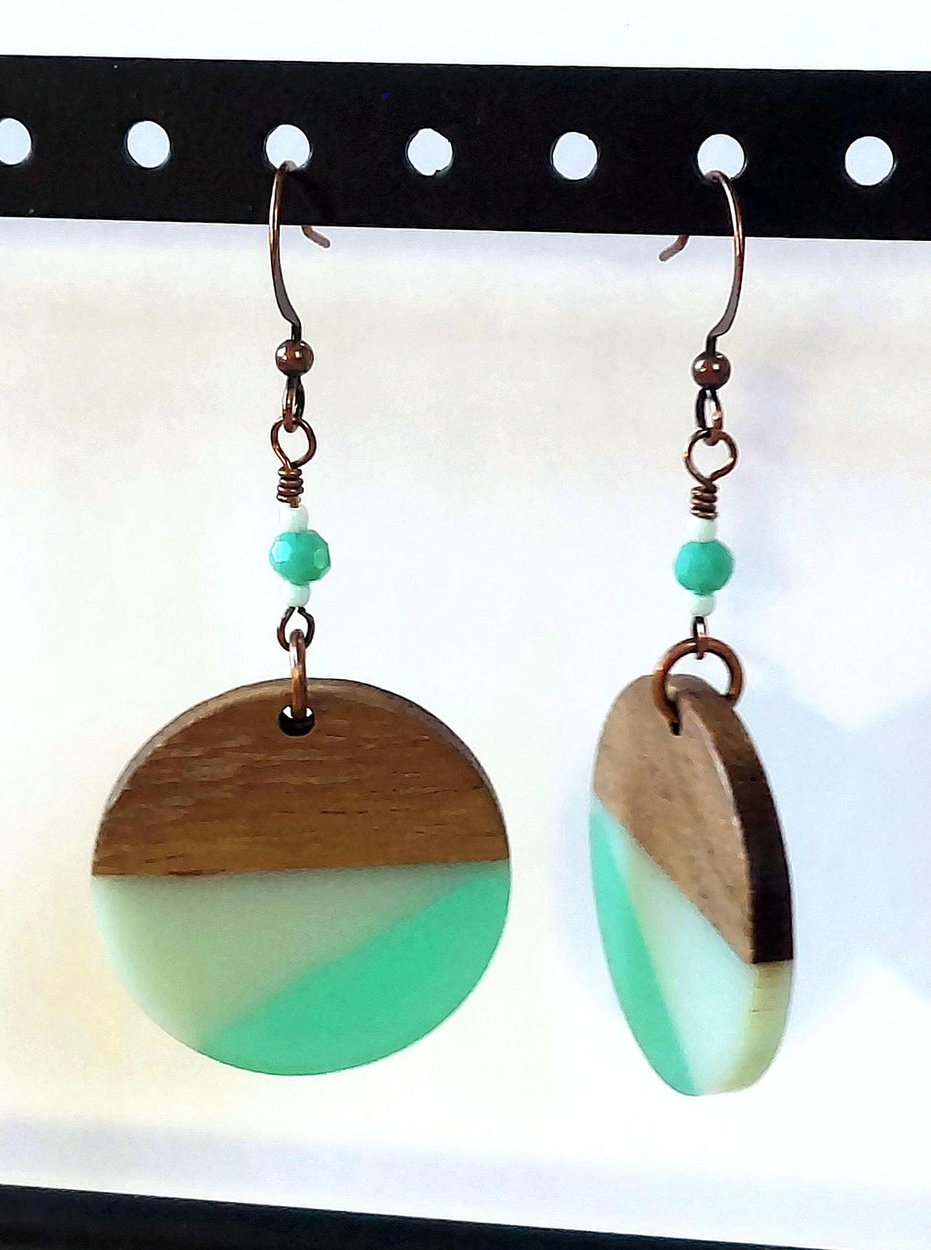Retro 90s Wood & Aqua Resin Earrings – Lightweight Statement Dangles with Copper Earwires | Vintage-Inspired Artisan Jewelry