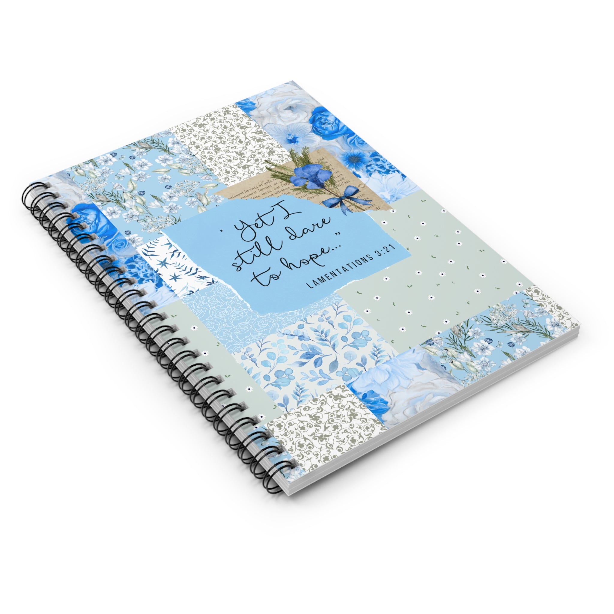 Blue Floral Patchwork Spiral Notebook — "Yet I Still Dare to Hope" (Lamentations 3:21)