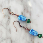 Blue Tulip & Green Crystal Earrings – Blooms in Copper or Silver