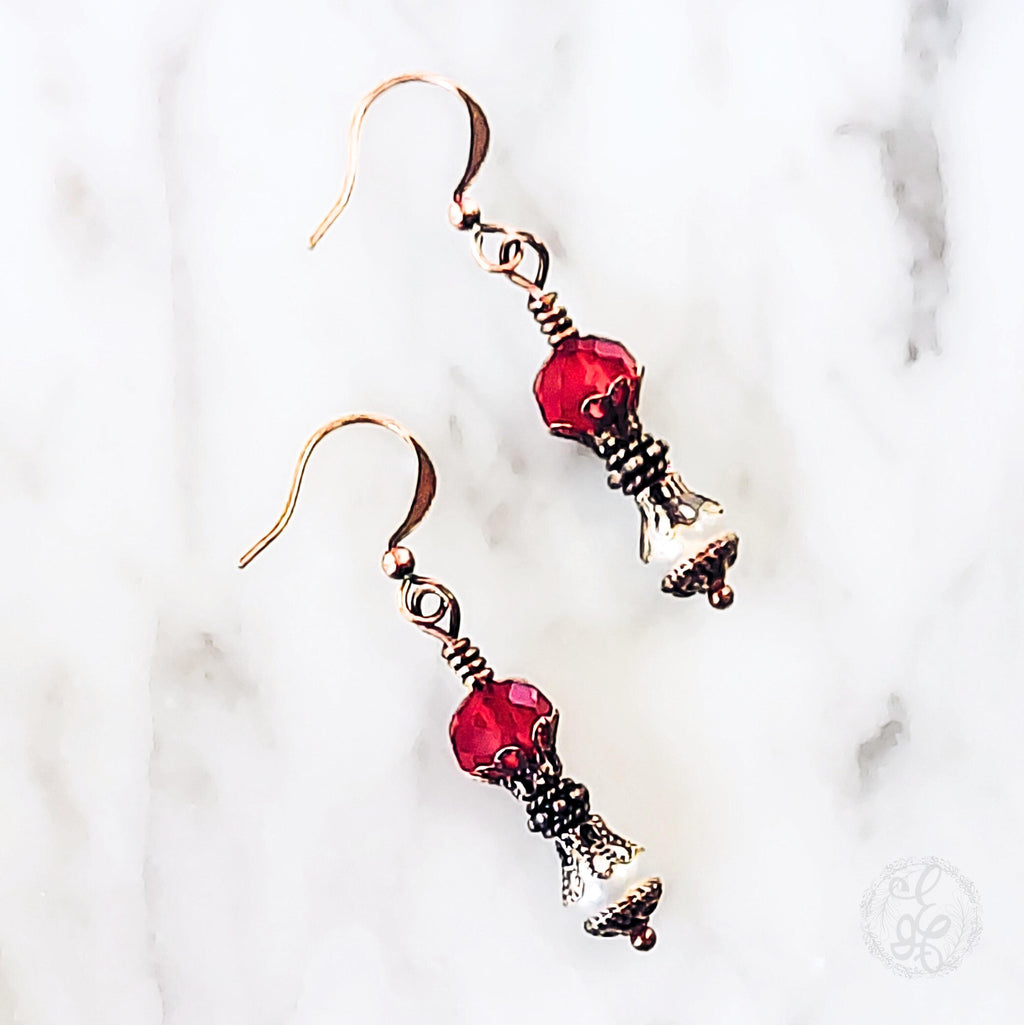 Victorian-Inspired Dangle Earrings – Red Crystal & Antique Copper