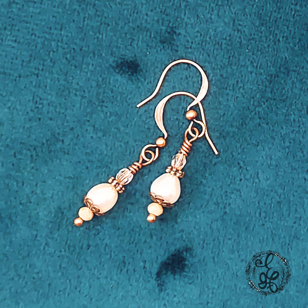 Freshwater Pearl Drop Earrings – Antique Copper & Czech Glass – Hypoallergenic, Vintage-Inspired Dangle Earrings