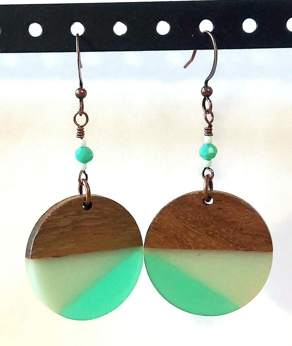 Retro 90s Wood & Aqua Resin Earrings – Lightweight Statement Dangles with Copper Earwires | Vintage-Inspired Artisan Jewelry
