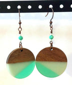 Retro 90s Wood & Aqua Resin Earrings – Lightweight Statement Dangles with Copper Earwires | Vintage-Inspired Artisan Jewelry