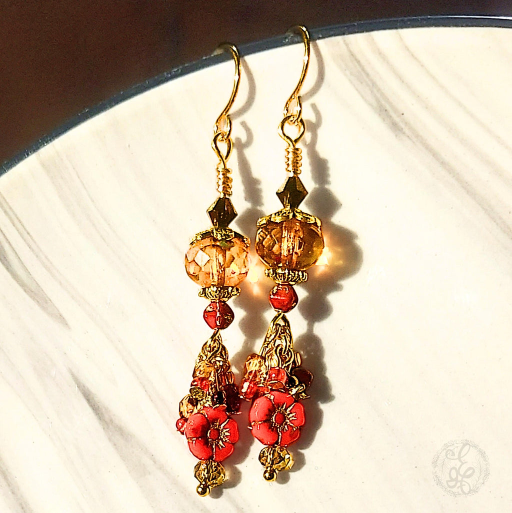 Czech Glass Dangle Earrings – Vintage-Inspired Amber and Red Floral Earrings, Crystal Beaded Jewelry