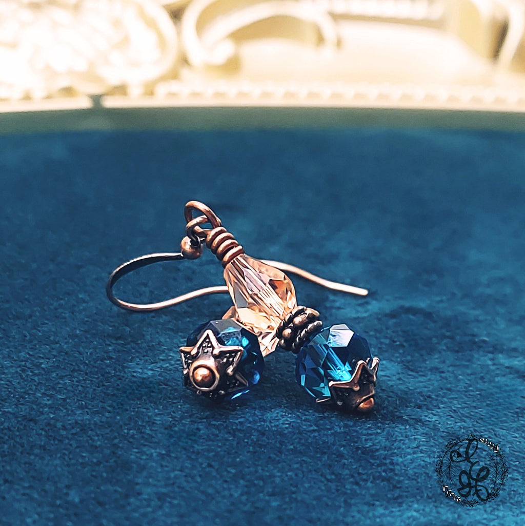 Peacock Blue and Peach Crystal Earrings | Antique Copper Wire Wrapped | Vintage Oil Lamp Inspired