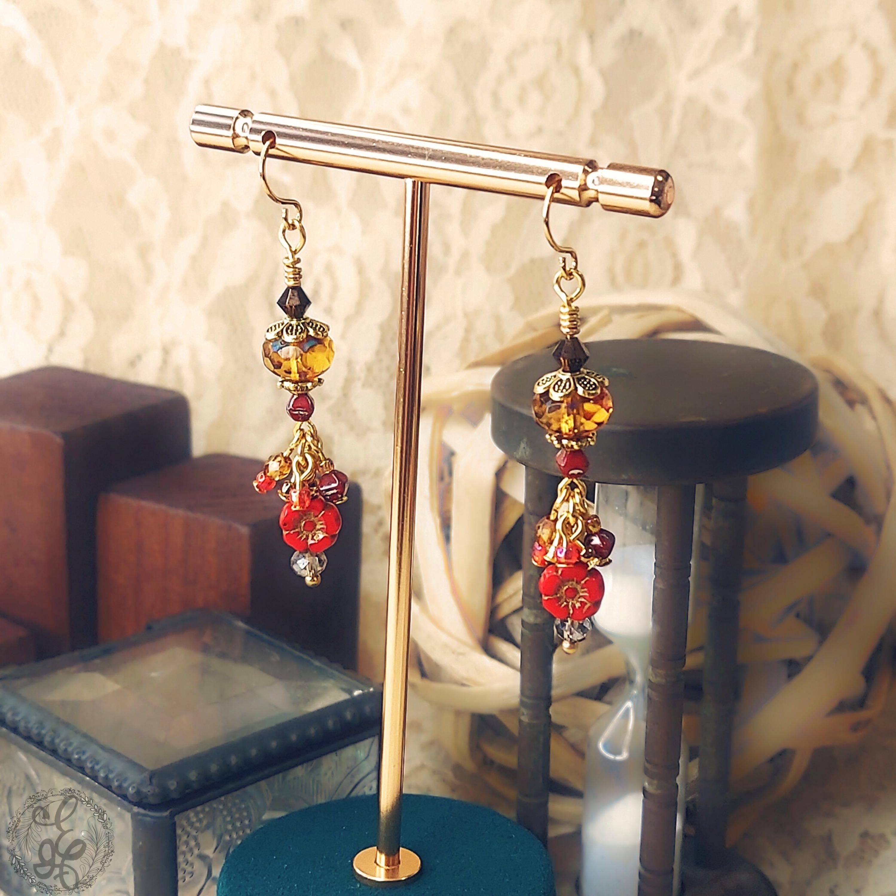 Czech Glass Dangle Earrings – Vintage-Inspired Amber and Red Floral Earrings, Crystal Beaded Jewelry