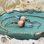 Peach Moonstone & Crystal Teardrop Earrings | Antique Copper | Iridescent Dangle Earrings | Hypoallergenic Artisan Jewelry