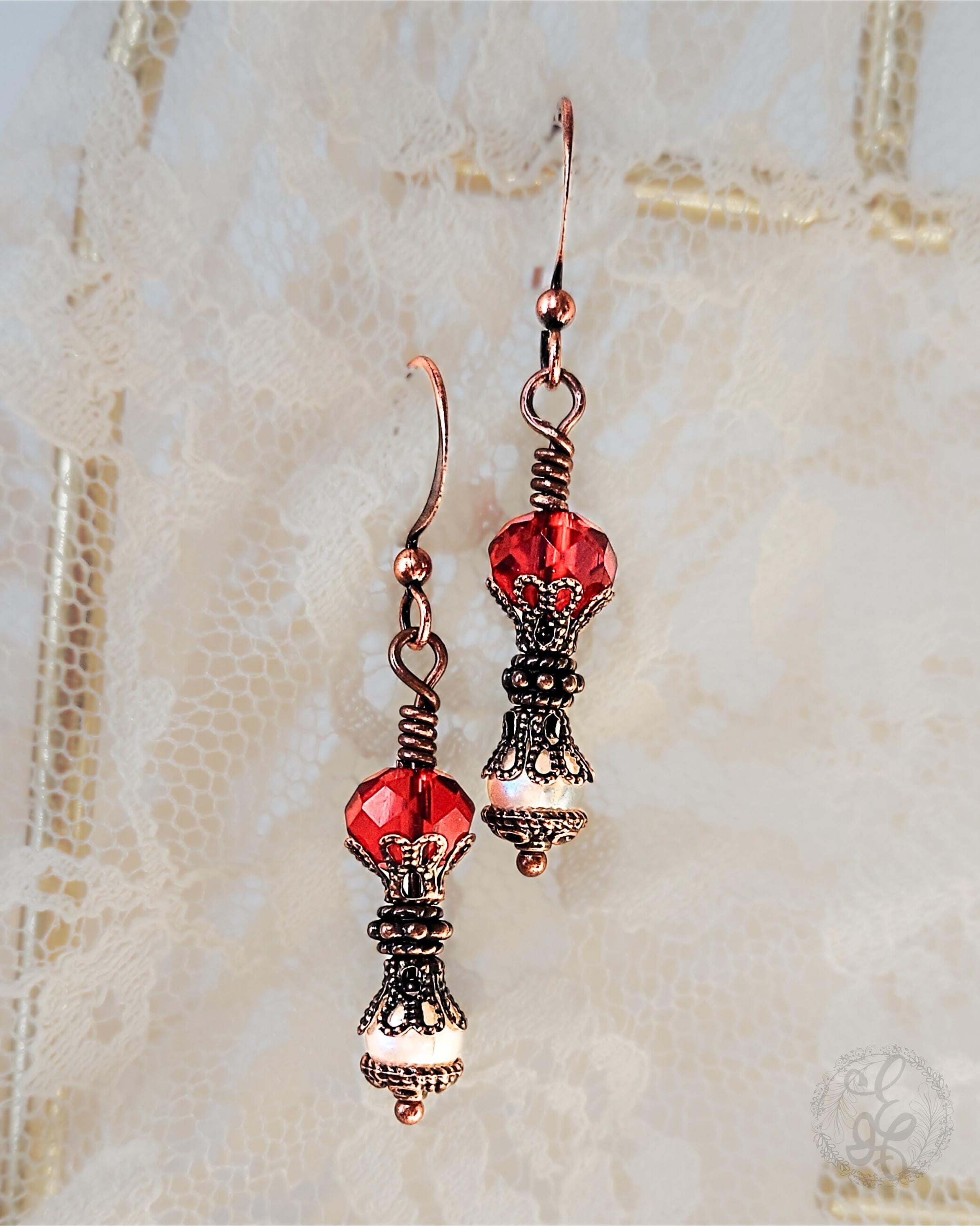 Victorian-Inspired Dangle Earrings – Red Crystal & Antique Copper