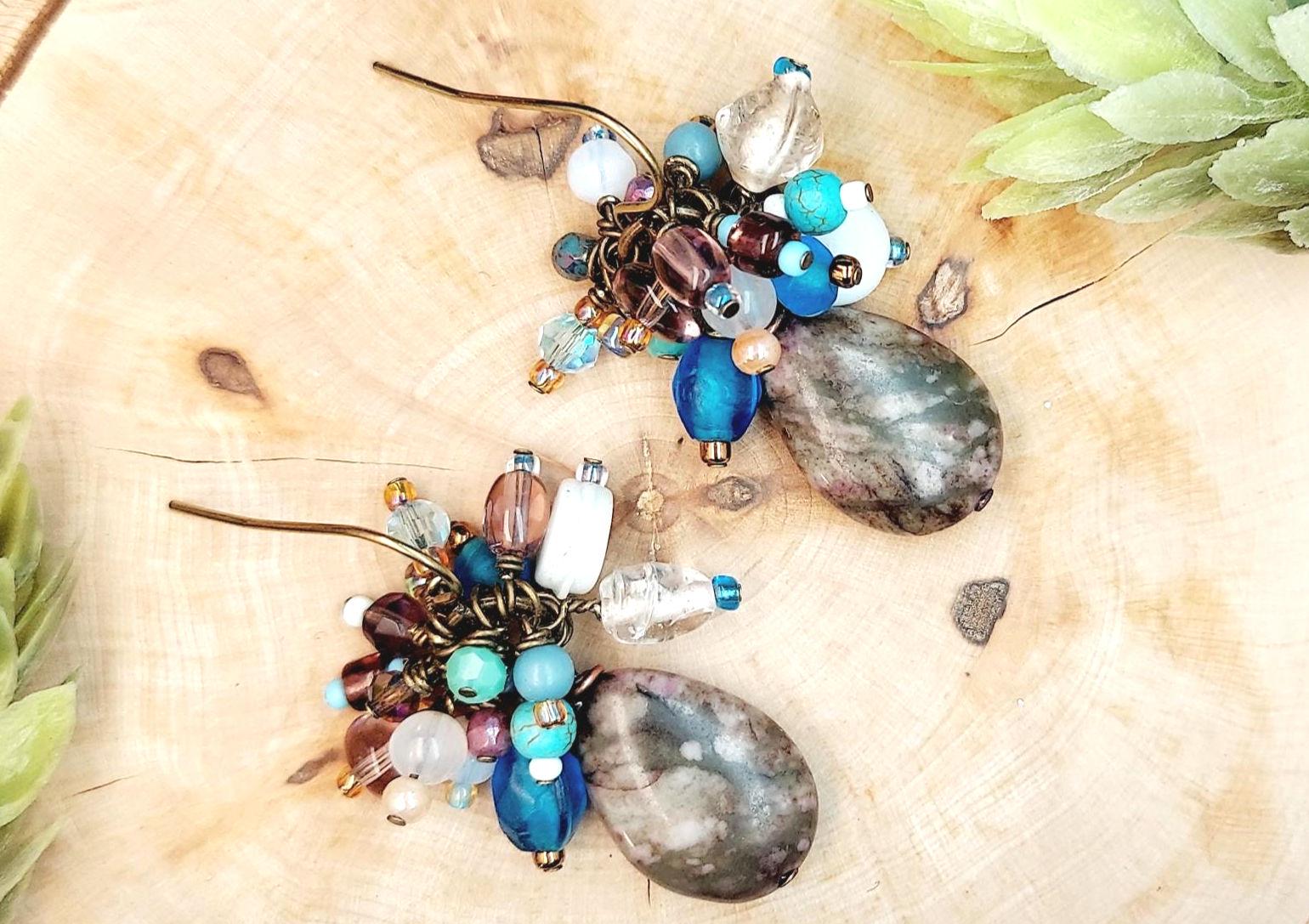 Genuine Jasper Gemstone Earrings – Earthy Boho Cluster Earrings – Antique Gold Jewelry