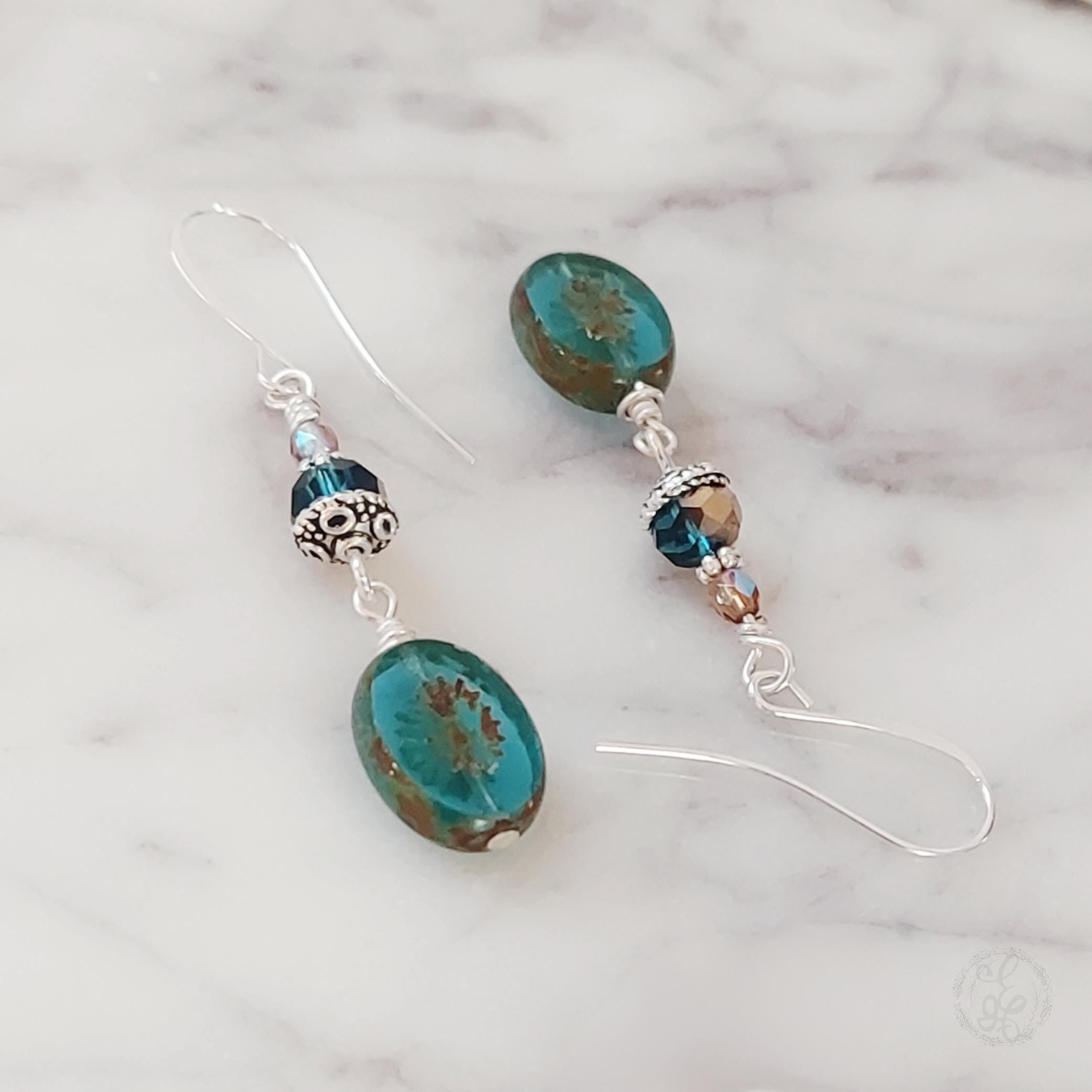 Turquoise Starburst Dangle Earrings – Silver Accents & Czech Glass Beads