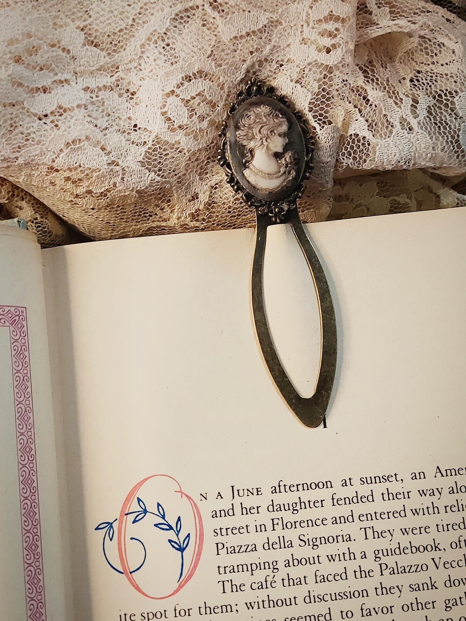Antique Brass Cameo Bookmark – Handcrafted Pale Blue Distressed Victorian Lady – Vintage-Inspired Gift for Book Lovers