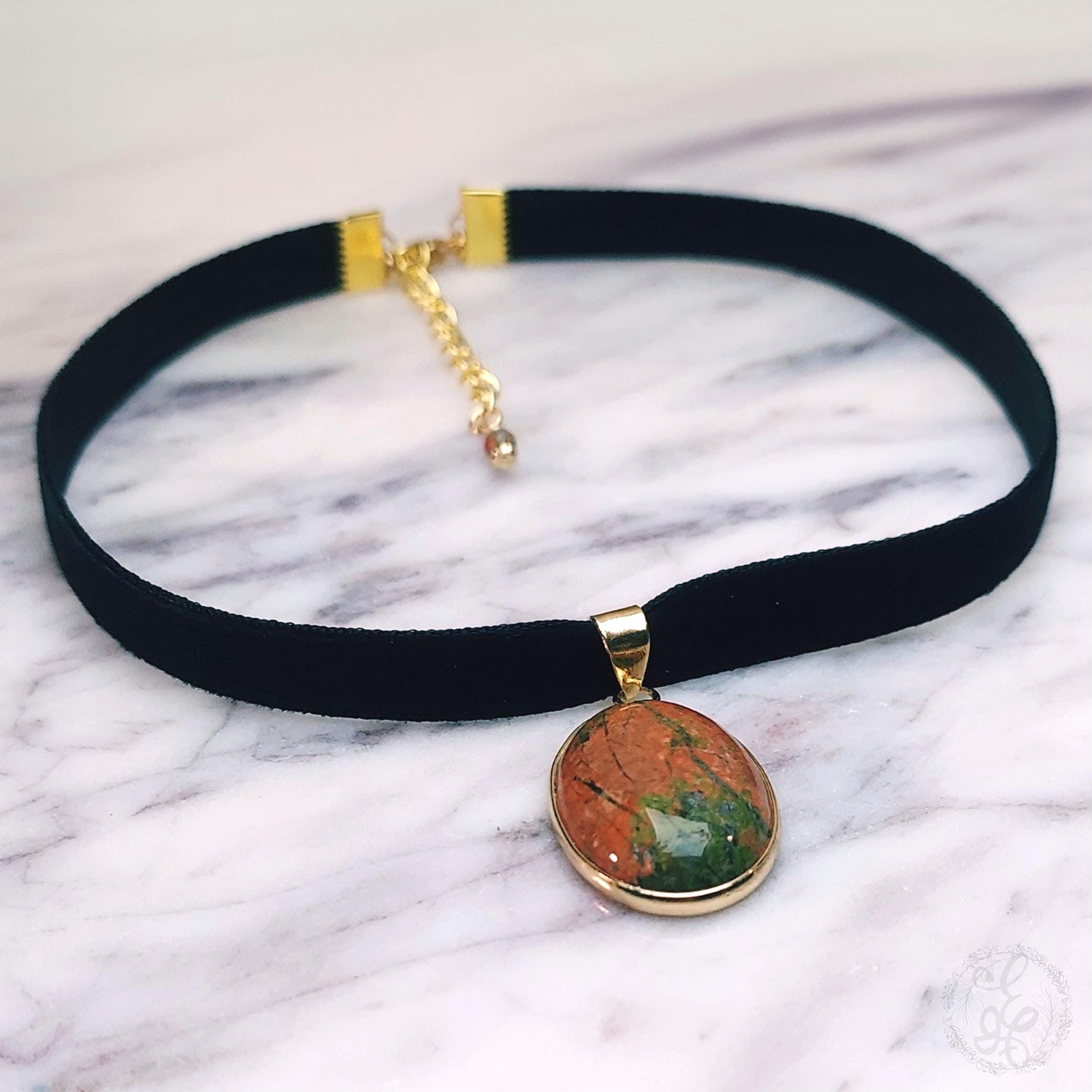 Black Velvet Choker Necklace with Unakite Gemstone Pendant – Handcrafted Adjustable Choker