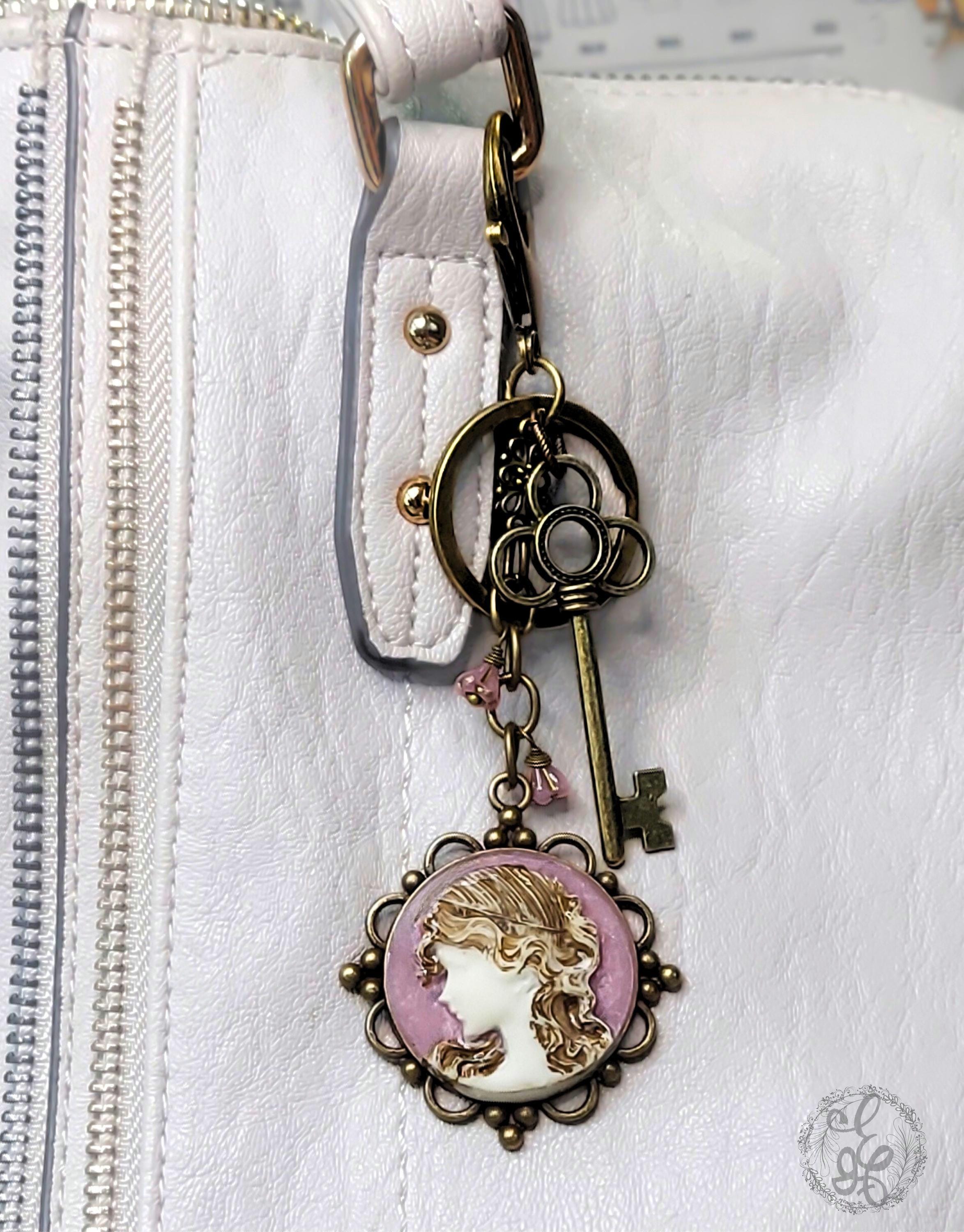 Vintage-Inspired Cameo Purse Charm – Antique Key, Distressed Cameo, Czech Glass Bellflowers – Eidel’s Ideas Original