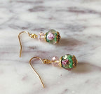 Green and Pink Crystal Earrings Rose dangle earrings gifts for her lampwork rose beads