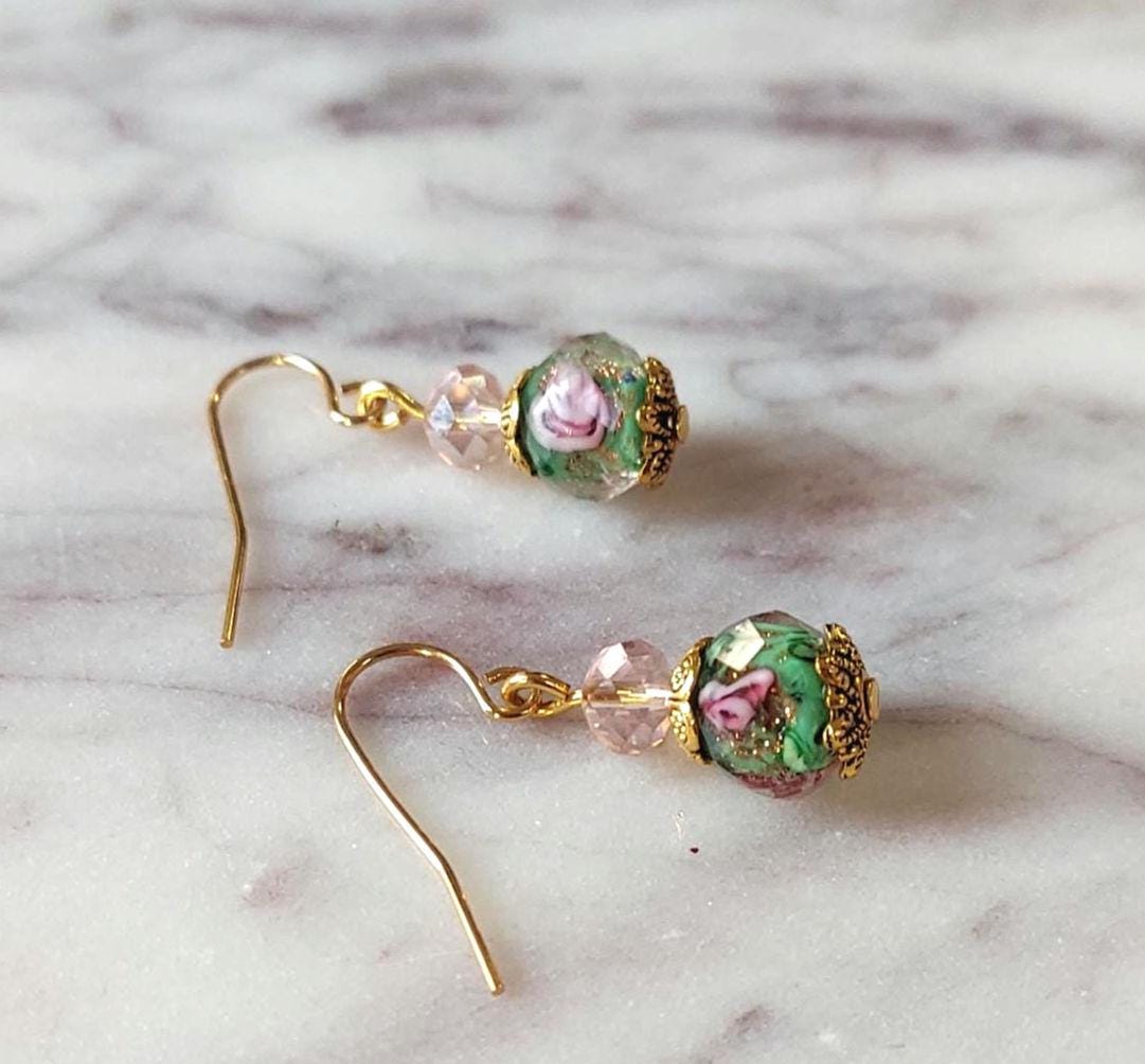 Green and Pink Crystal Earrings Rose dangle earrings gifts for her lampwork rose beads