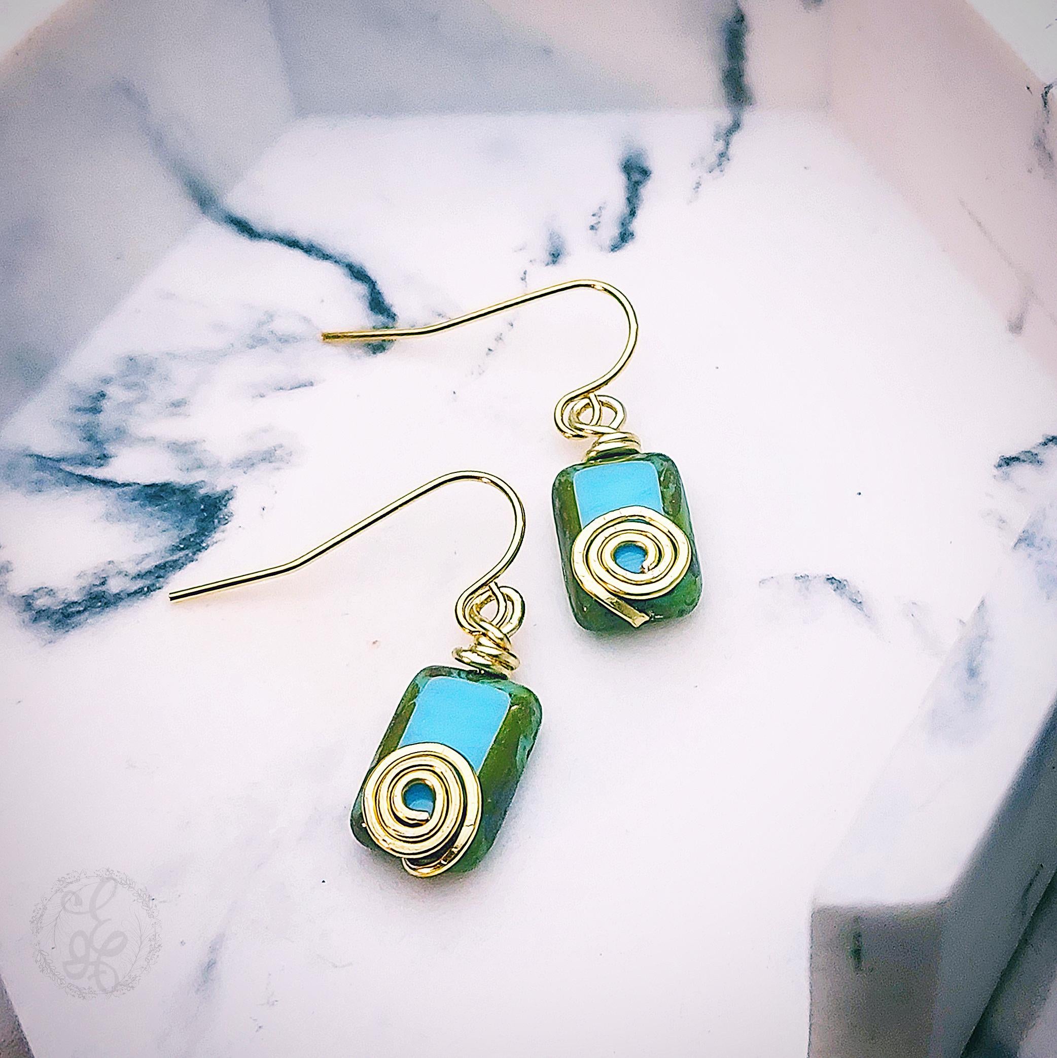 Turquoise Czech Glass Earrings – Gold Wire Wrapped Dangles – Artisan Boho Jewelry – Eidel’s Ideas Original