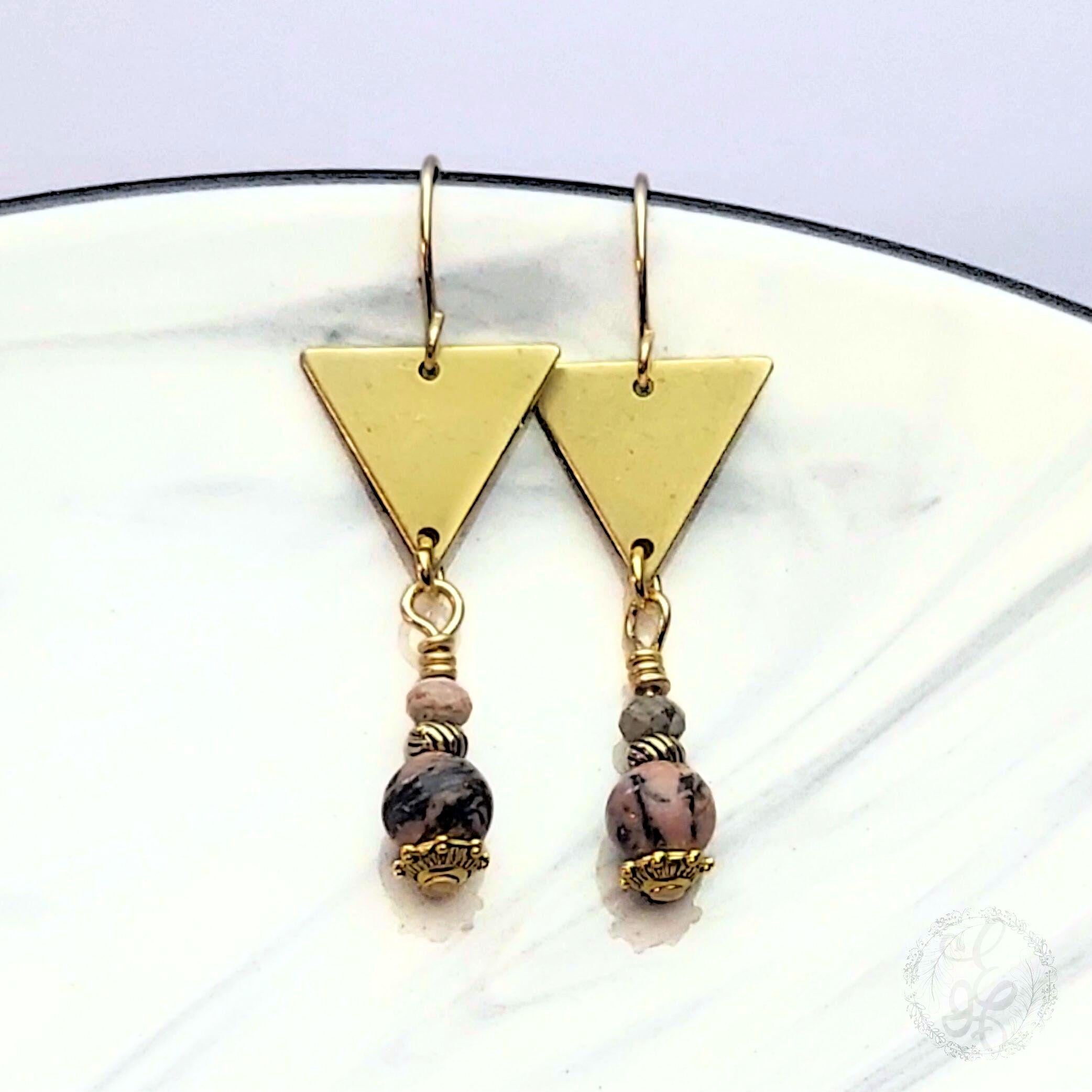 Rhodonite & Rhodochrosite Dangle Earrings – Raw Brass Triangles
