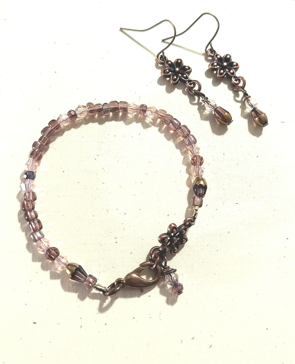 Flower Bracelet and Earrings Set with blush rose pink crystals and antique gold finish