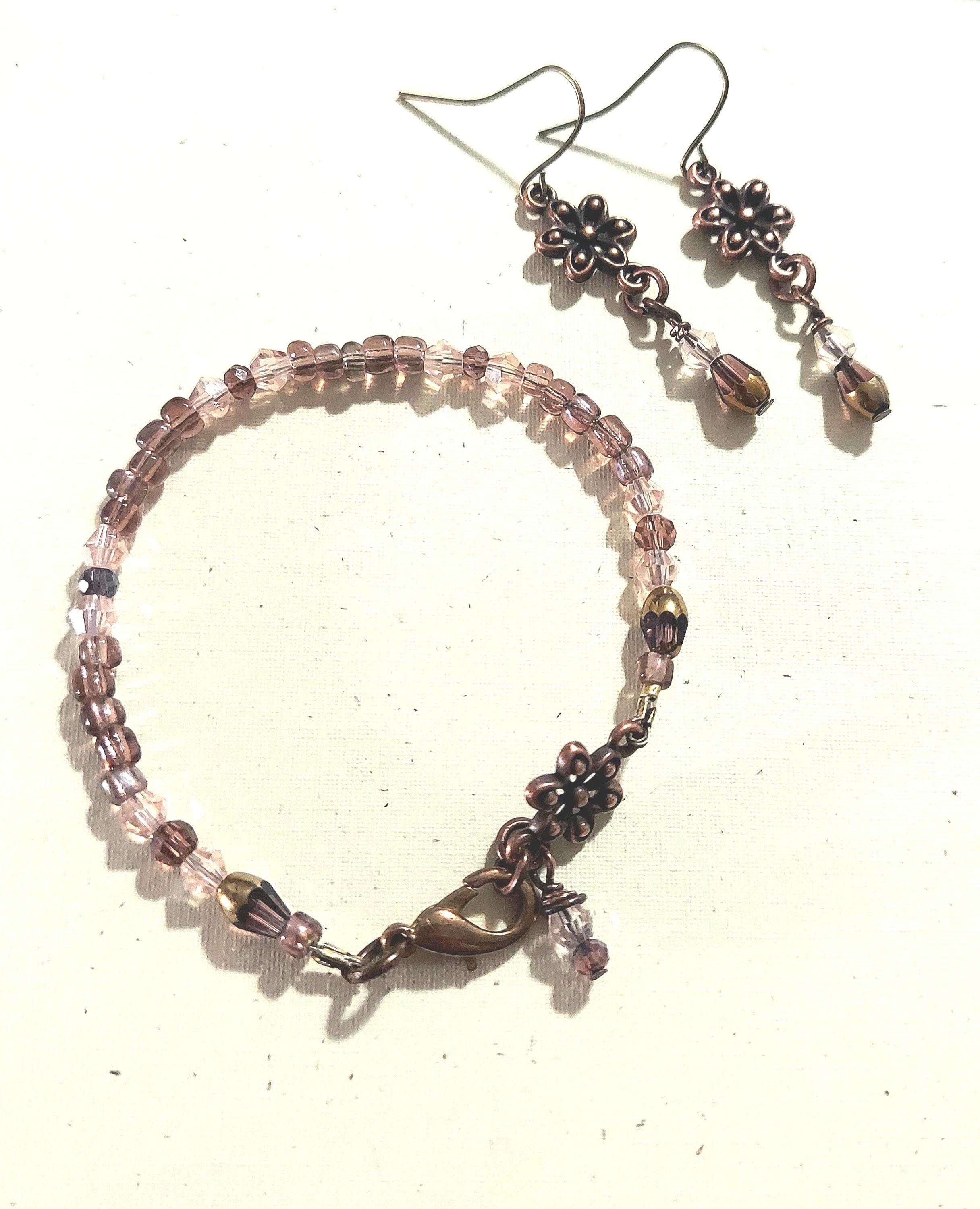 Flower Bracelet and Earrings Set with blush rose pink crystals and antique gold finish