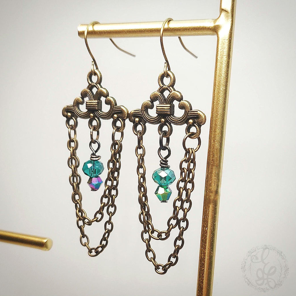 Vintage Chandelier Earrings in Antique Gold & Teal Crystal