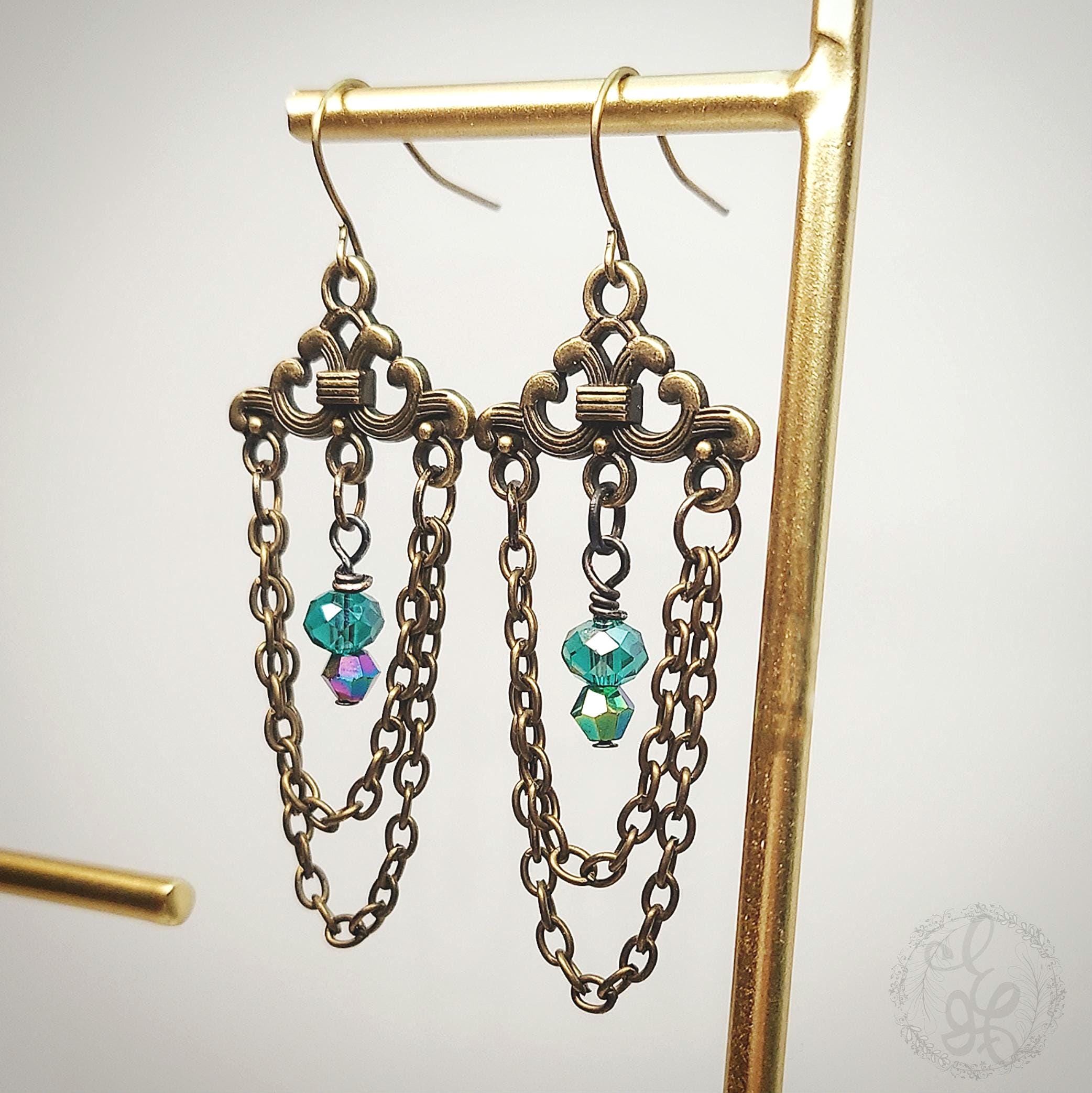 Vintage Chandelier Earrings in Antique Gold & Teal Crystal