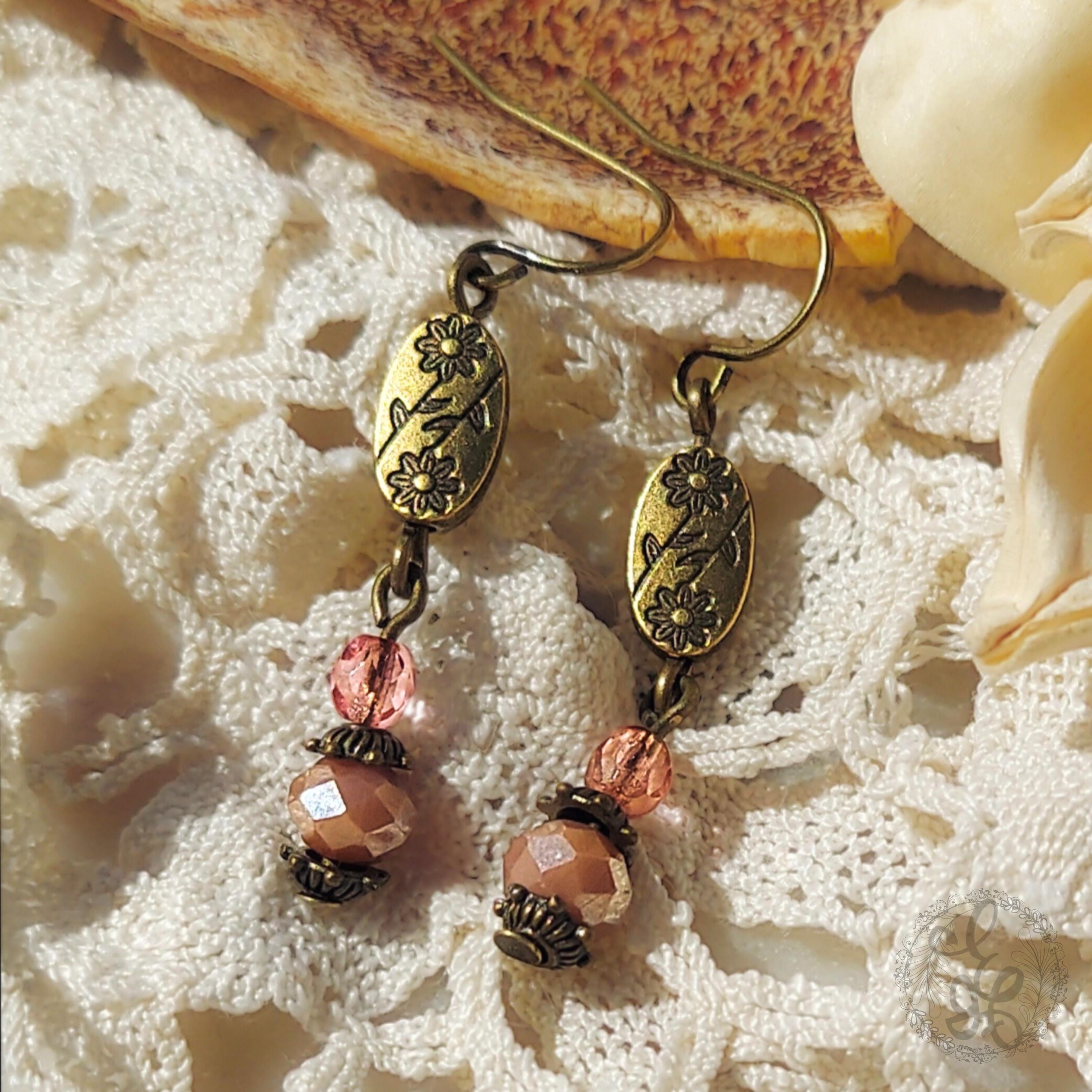 Vintage Floral Dangle Earrings – Dusty Rose & Bronze