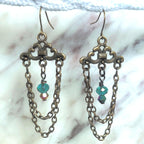 Vintage Chandelier Earrings in Antique Gold & Teal Crystal