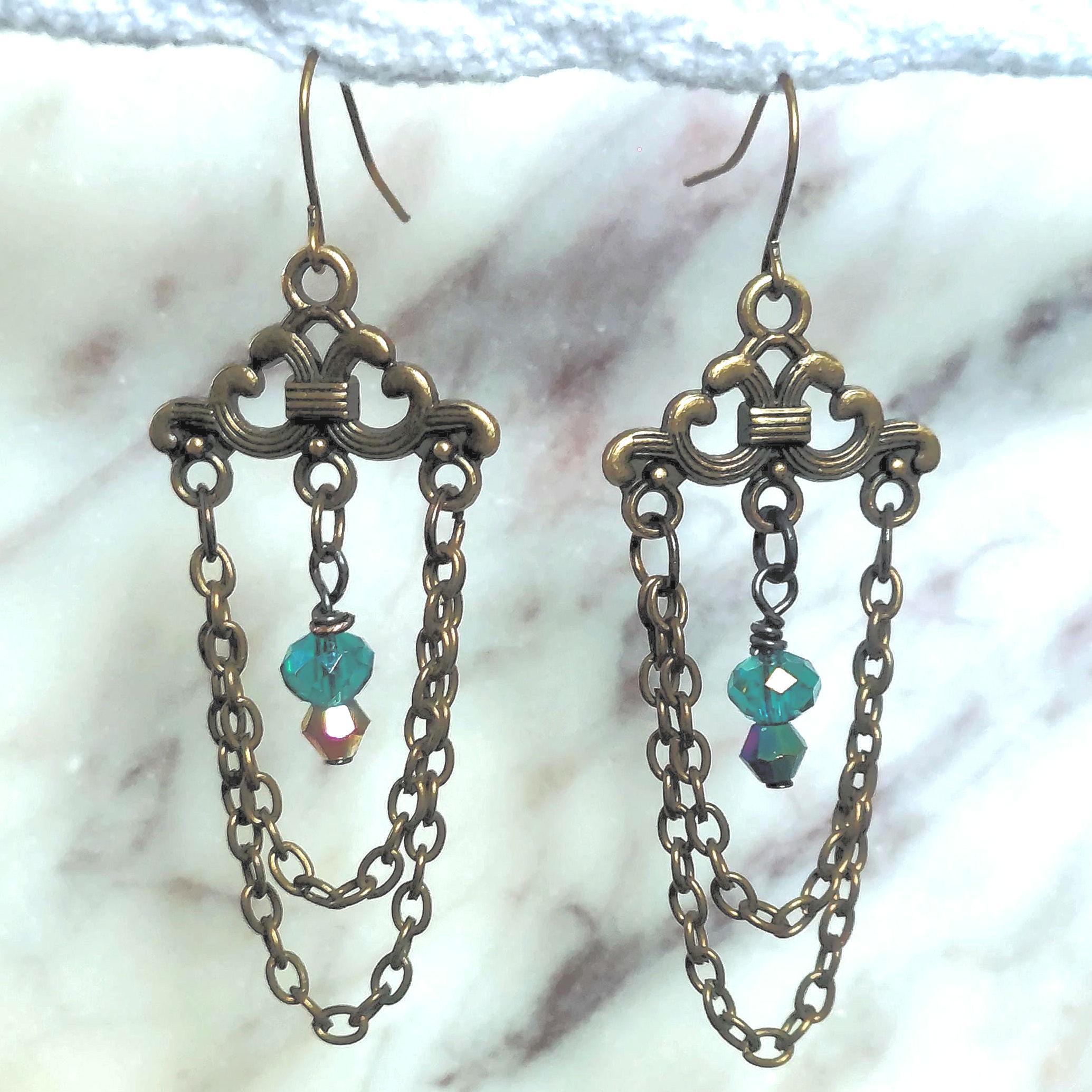 Vintage Chandelier Earrings in Antique Gold & Teal Crystal