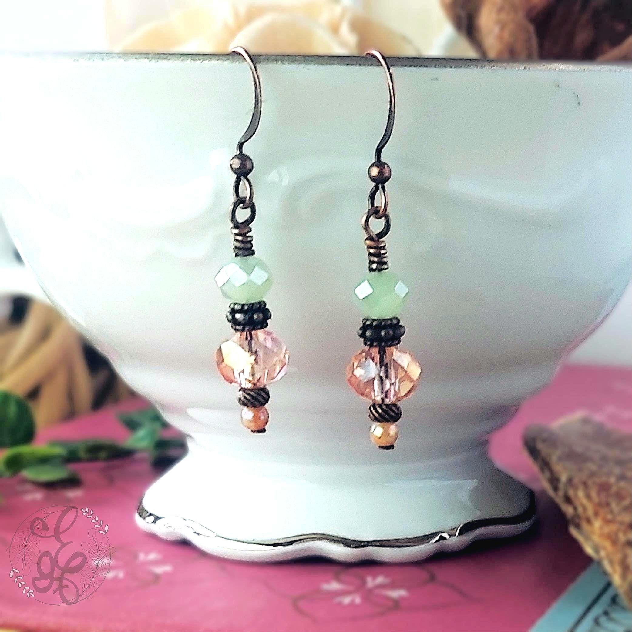 Vintage Inspired Artisan Dangle Earrings with Faceted Crystal Beads