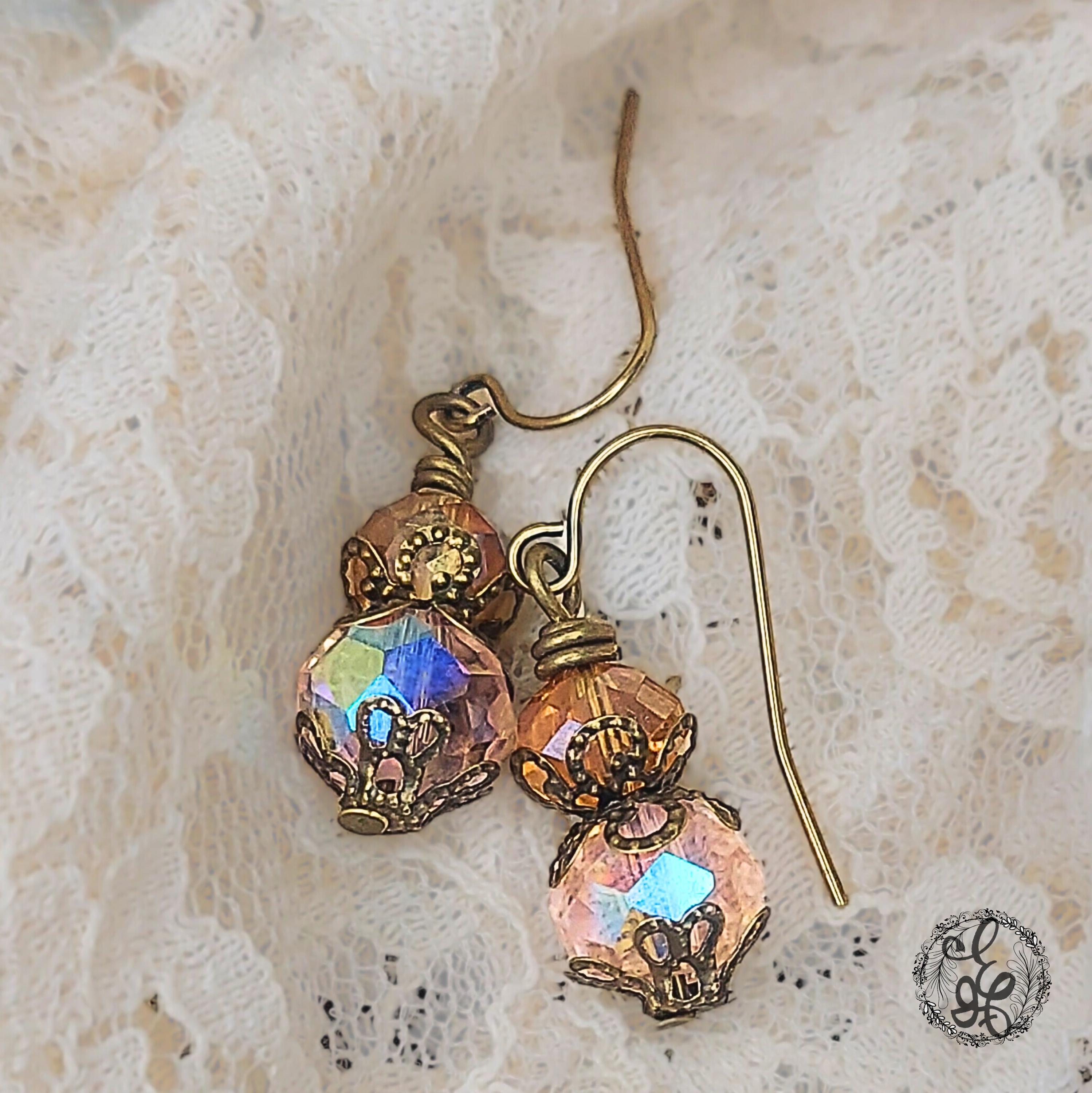 Victorian Style Earrings – Pink and Amber Crystal Dangle Earrings – Antique Bronze