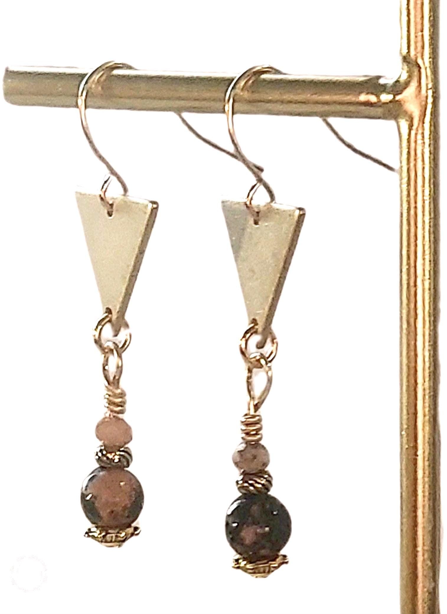 Rhodonite & Rhodochrosite Dangle Earrings – Raw Brass Triangles