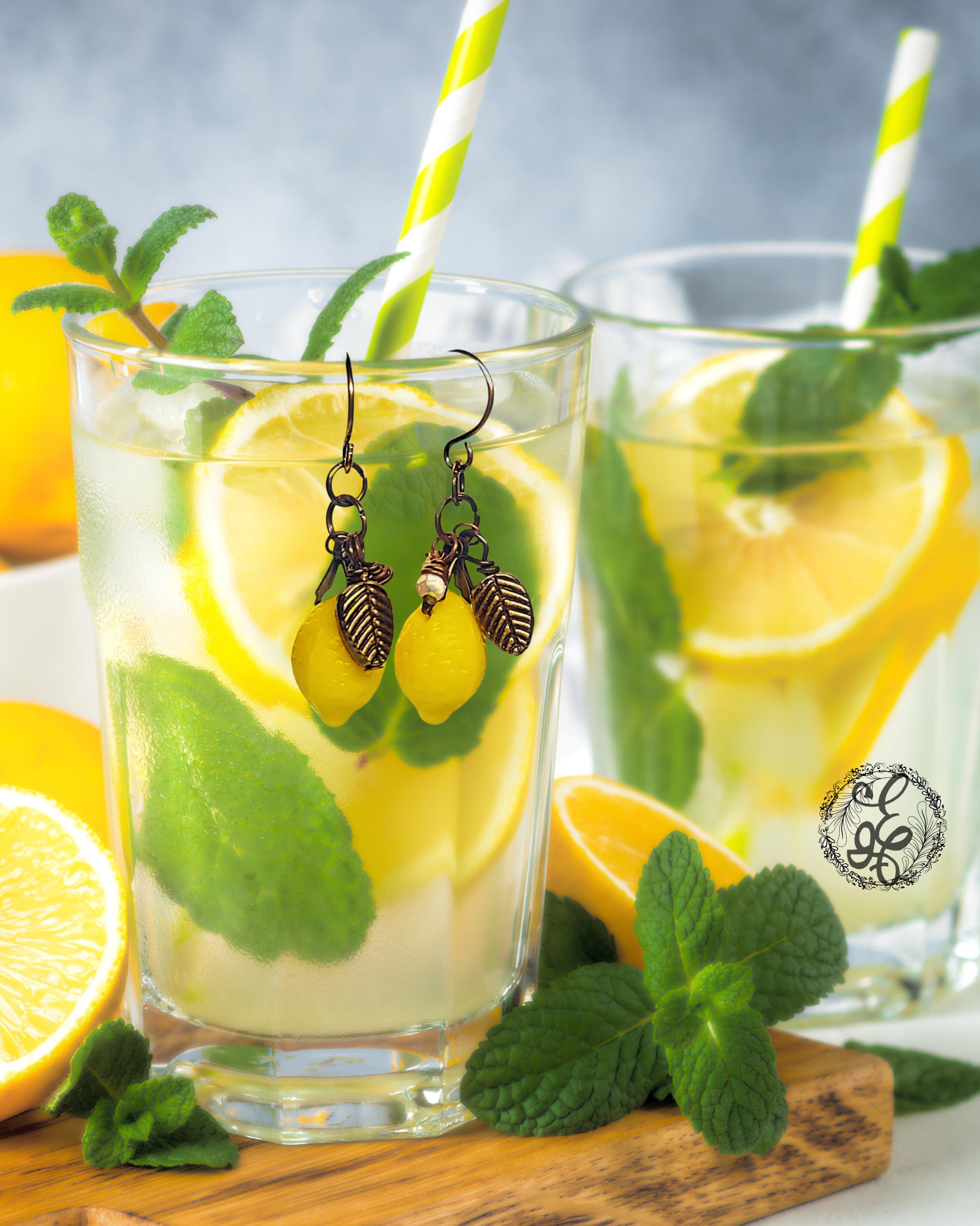 Lemon Drop Earrings – Artisan Summer Jewelry with Czech Glass and Antique Brass Leaf Charms
