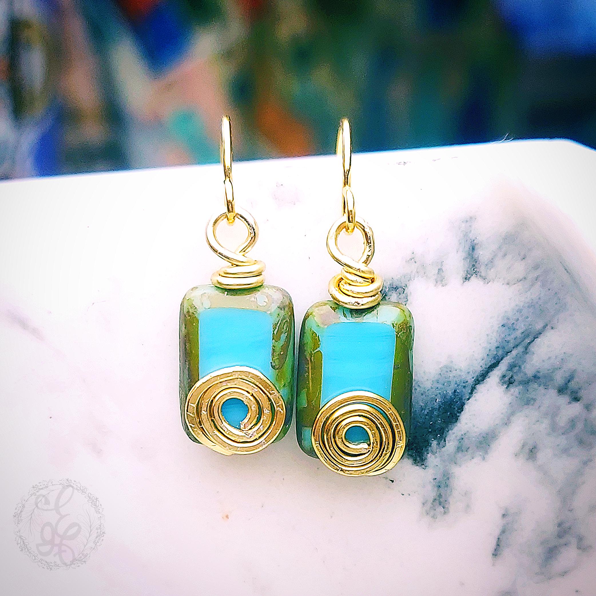 Turquoise Czech Glass Earrings – Gold Wire Wrapped Dangles – Artisan Boho Jewelry – Eidel’s Ideas Original