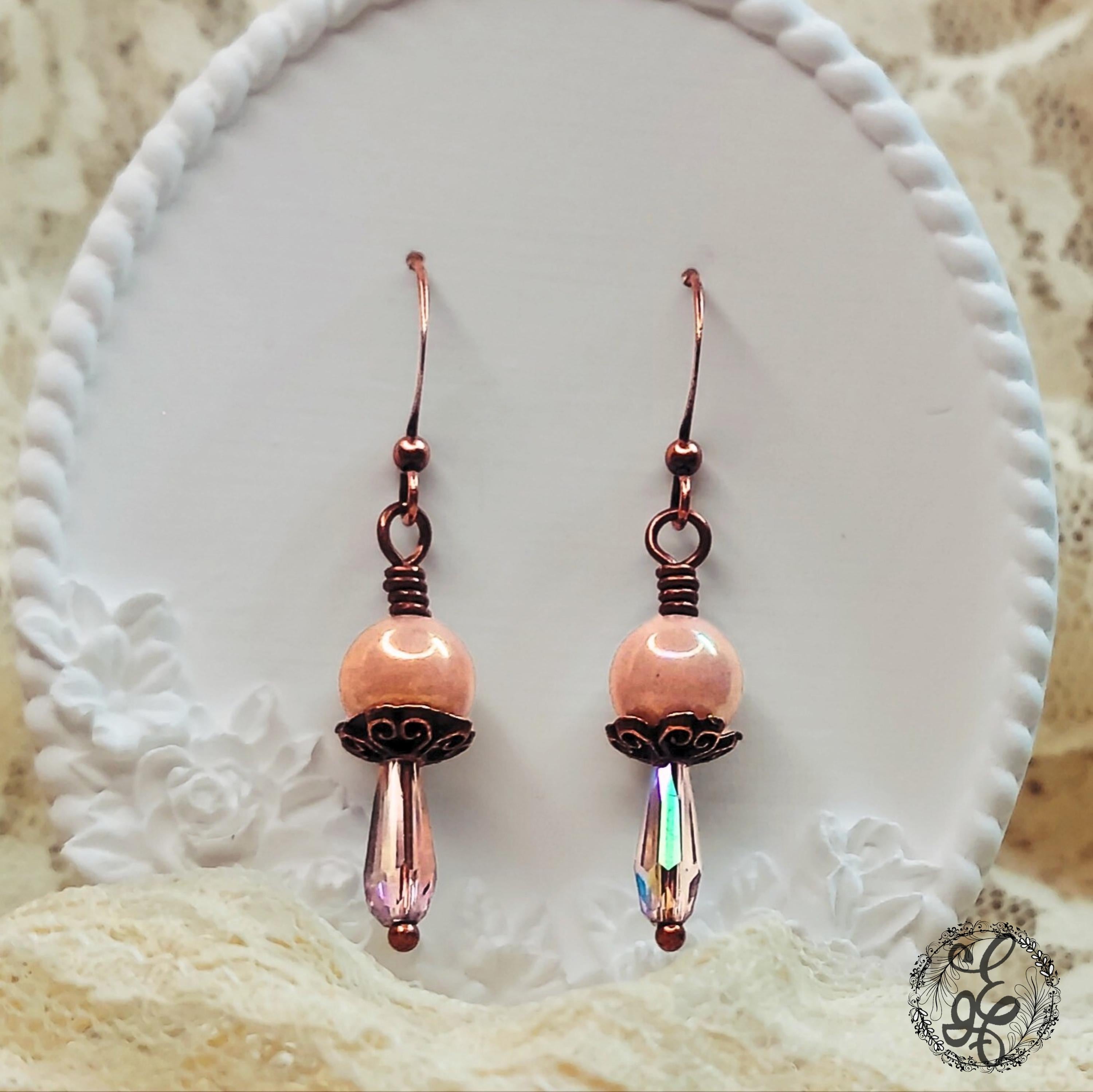 Peach Moonstone & Crystal Teardrop Earrings | Antique Copper | Iridescent Dangle Earrings | Hypoallergenic Artisan Jewelry