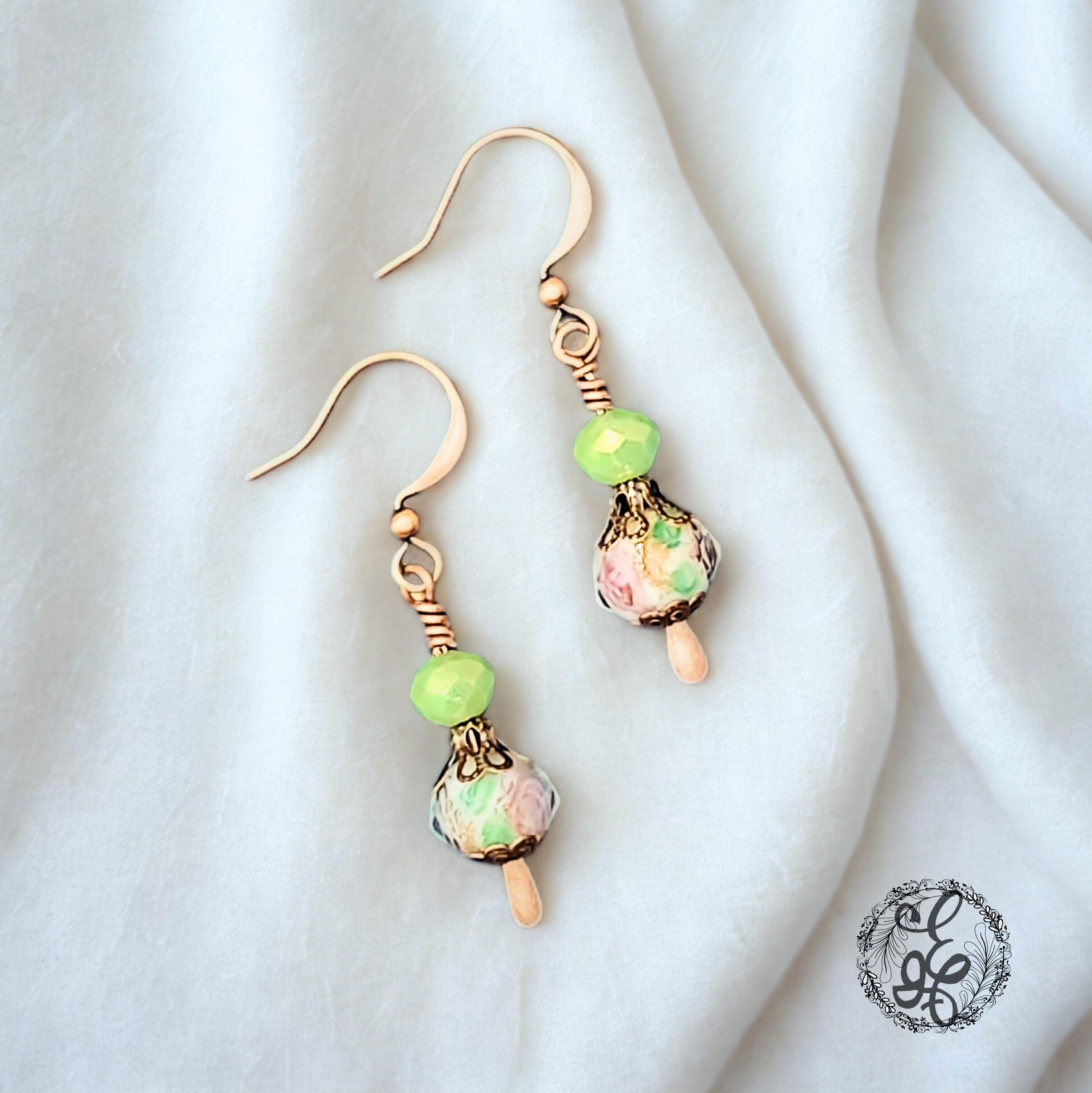 Tea Party Dangle Earrings | Vintage-Inspired Floral Lampwork Beads | Antique Copper Earrings | Whimsical Gift for Her
