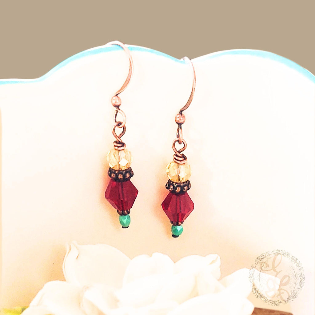 Crystal Earrings for Women with Red, Yellow and Turquoise on Antique Copper French Hooks