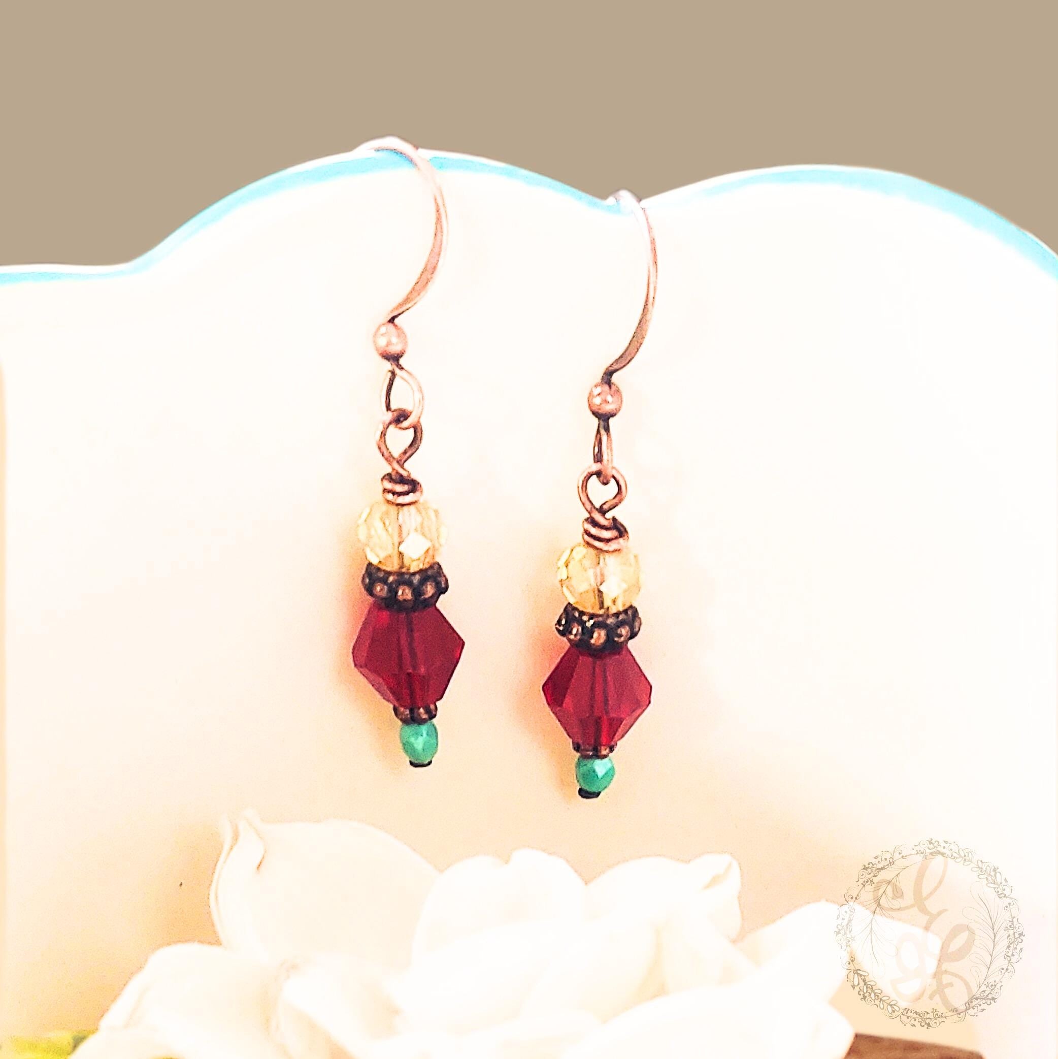 Crystal Earrings for Women with Red, Yellow and Turquoise on Antique Copper French Hooks