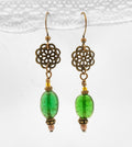 Green Beaded Antique Copper Flower Earrings Dangle Earring Gifts for Her