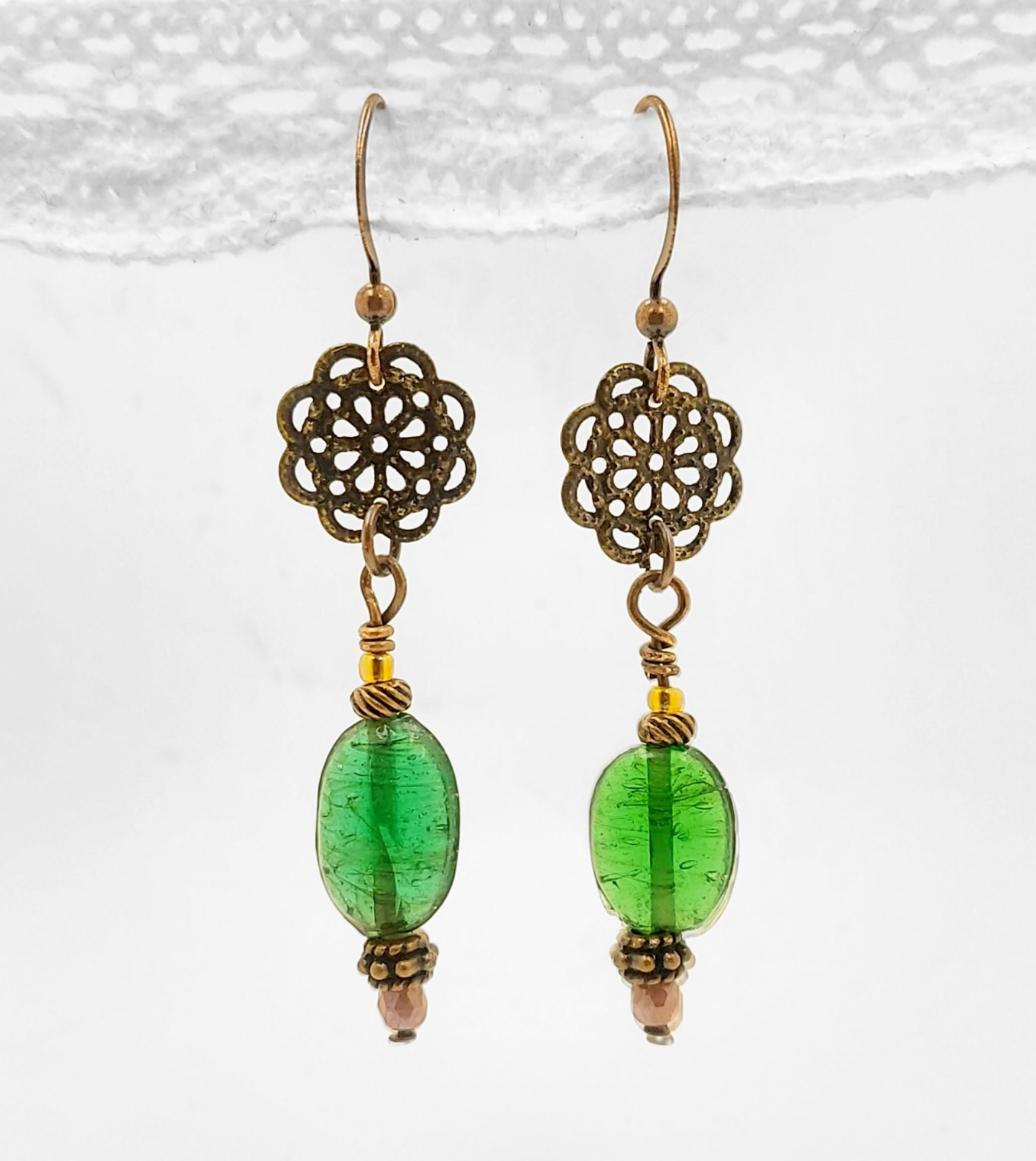 Green Beaded Antique Copper Flower Earrings Dangle Earring Gifts for Her
