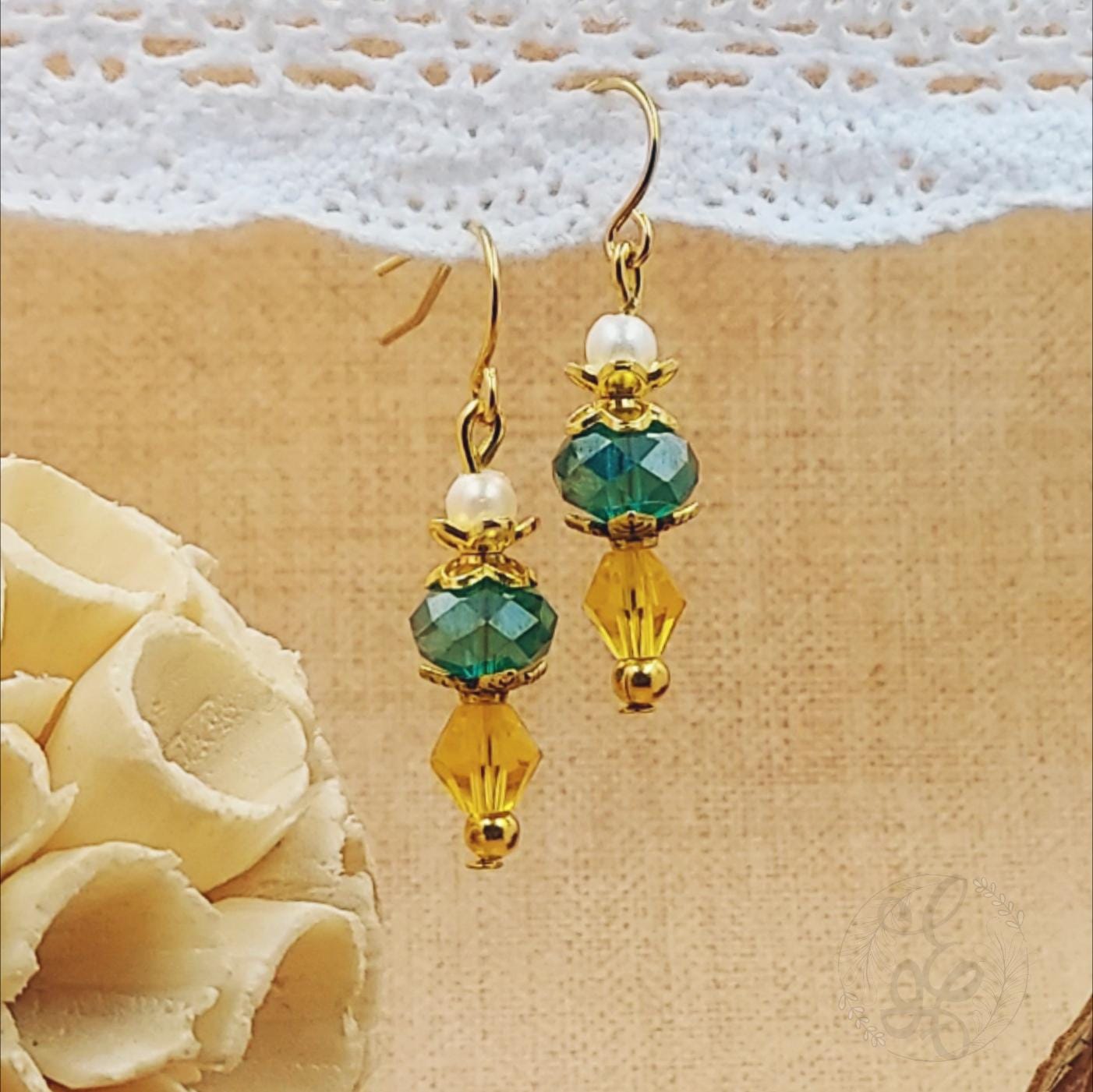 Daffodil Yellow and Teal Earrings with Gold Finish, Spring Earrings, Gift for her, Vintage Style Jewelry