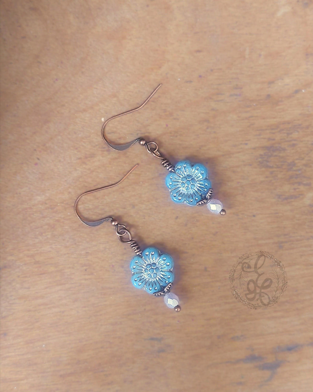 Dusty Blue Czech Glass Flower Earrings – Antique Copper Dangle Earrings