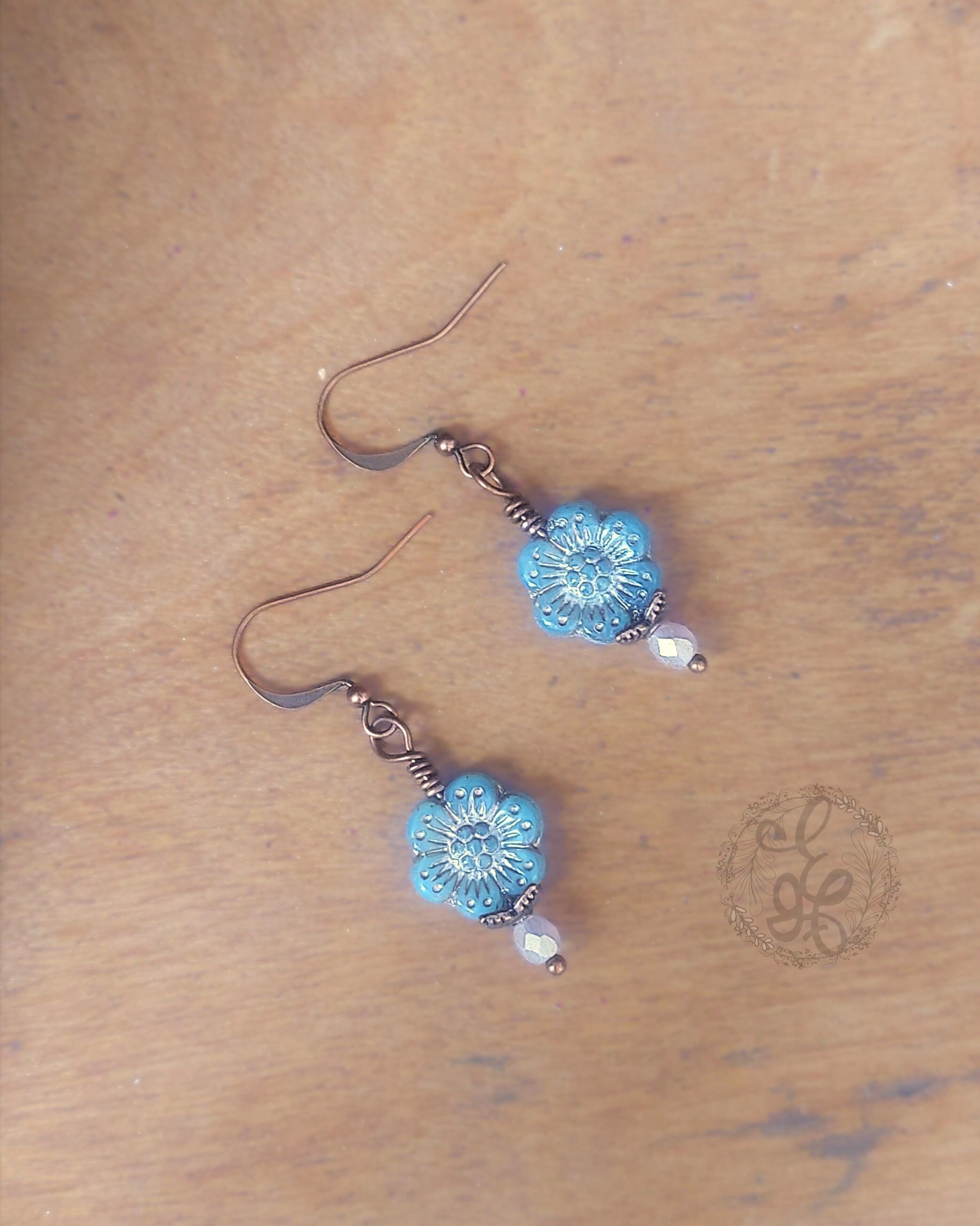 Dusty Blue Czech Glass Flower Earrings – Antique Copper Dangle Earrings