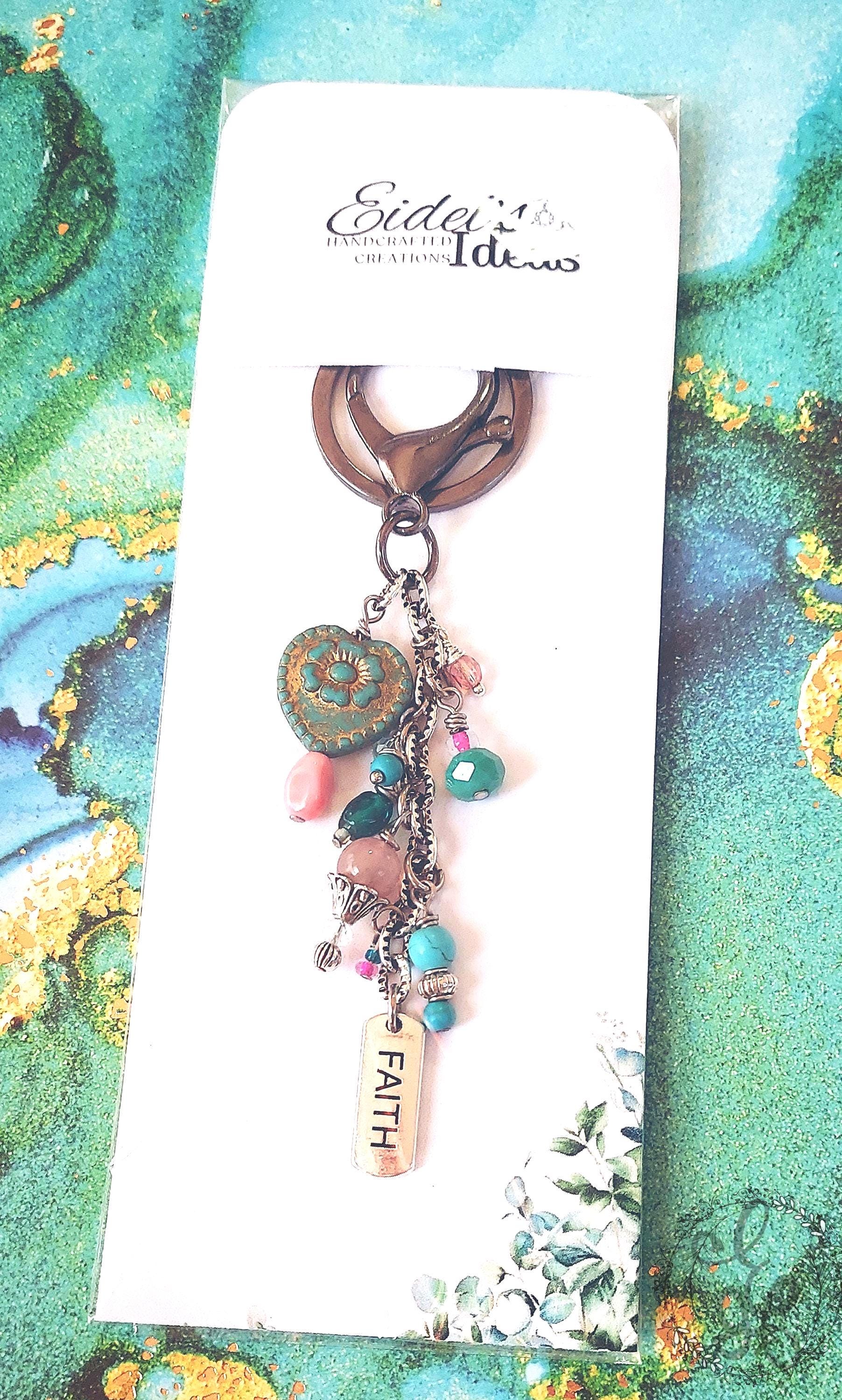 Faith Charm Purse Clip – Turquoise & Pink Beaded Keychain with Heart and Gemstones